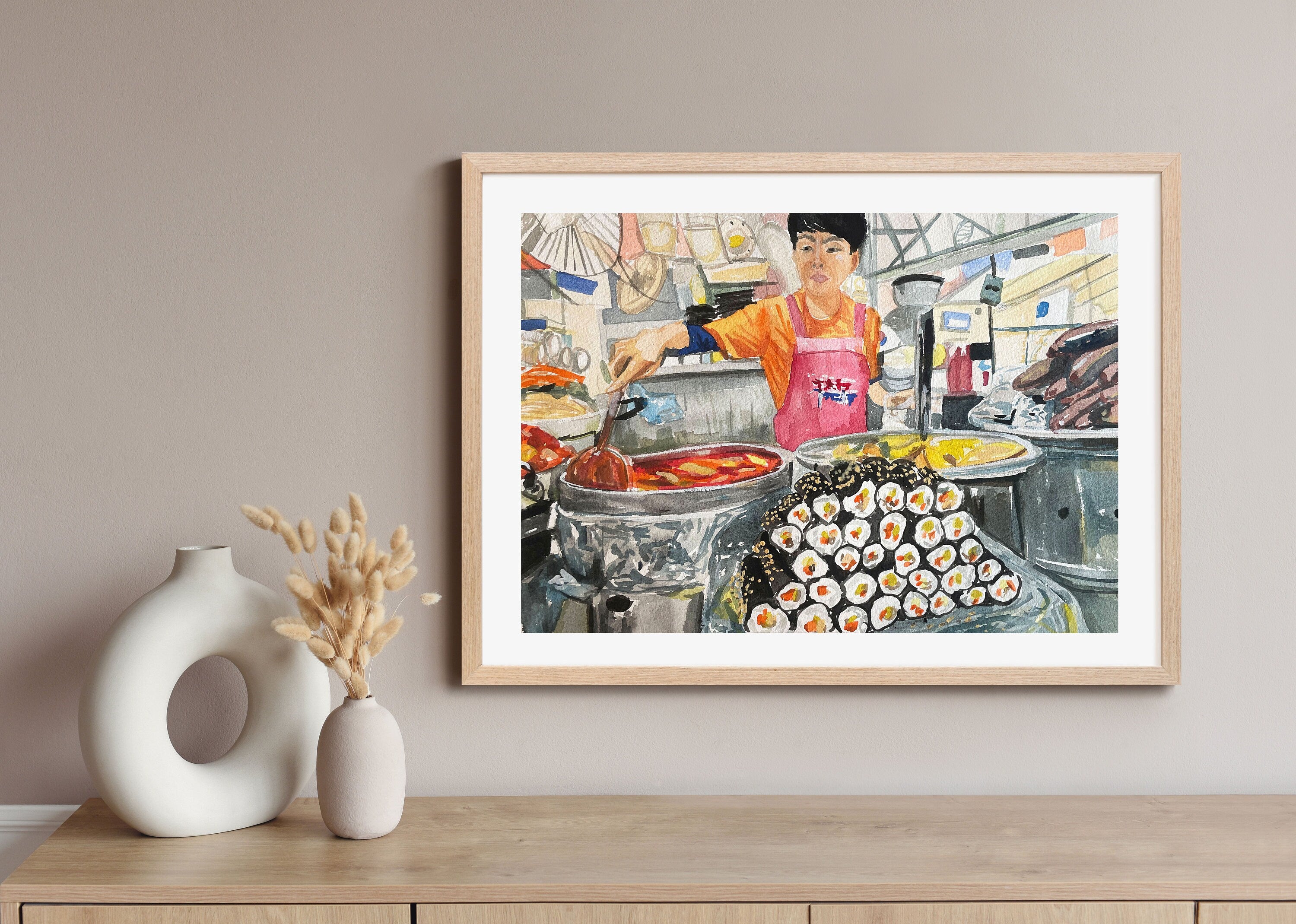 Korean street food - kimbap print of painting by Medjool Studio.  Print of original gouache painting featuring a scene from a food market in Korea of a street vendor making kimbap.