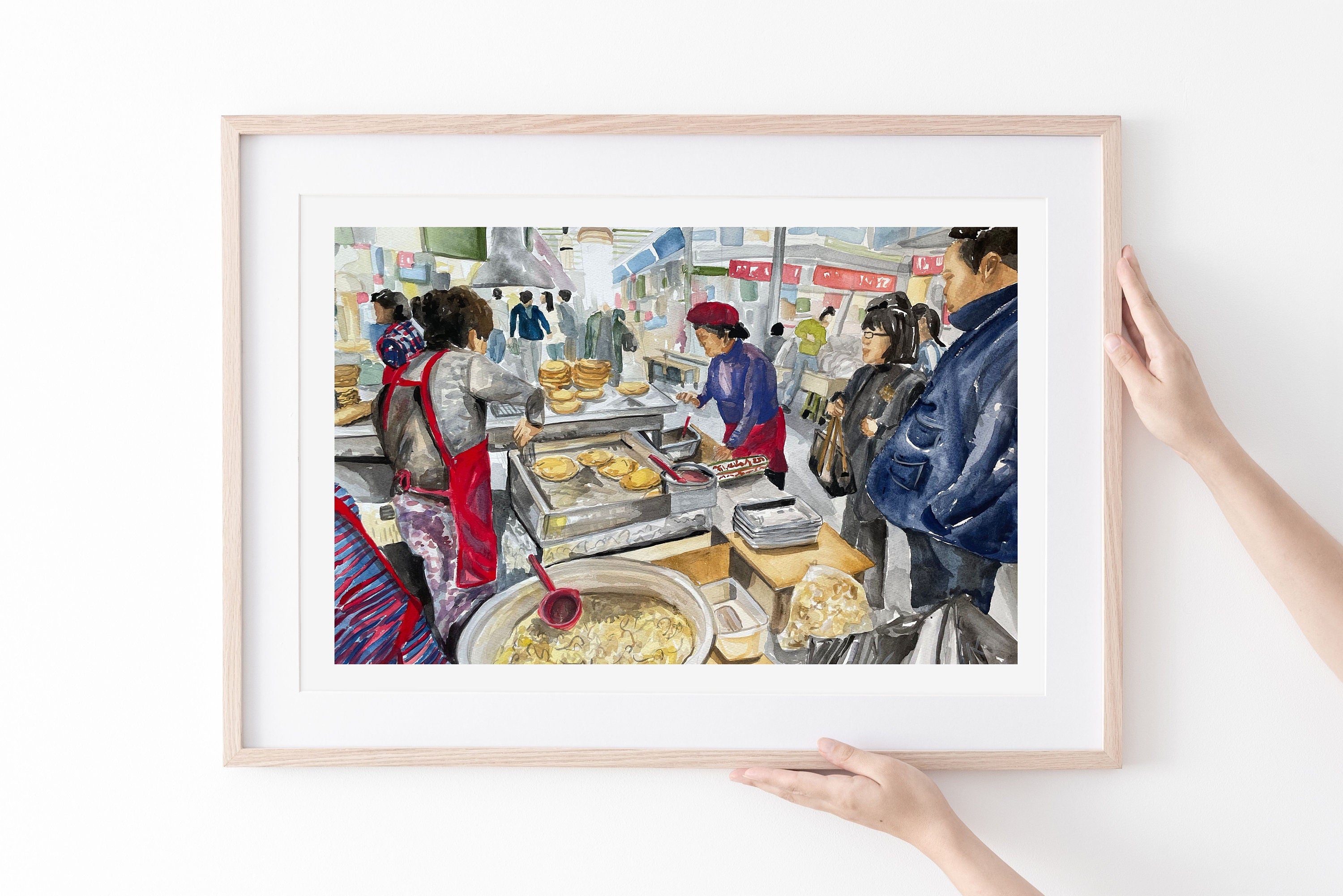 Korean street food - pancakes print of painting by Medjool Studio.  Print of original gouache painting featuring a scene of a vendor making pancakes for customers.