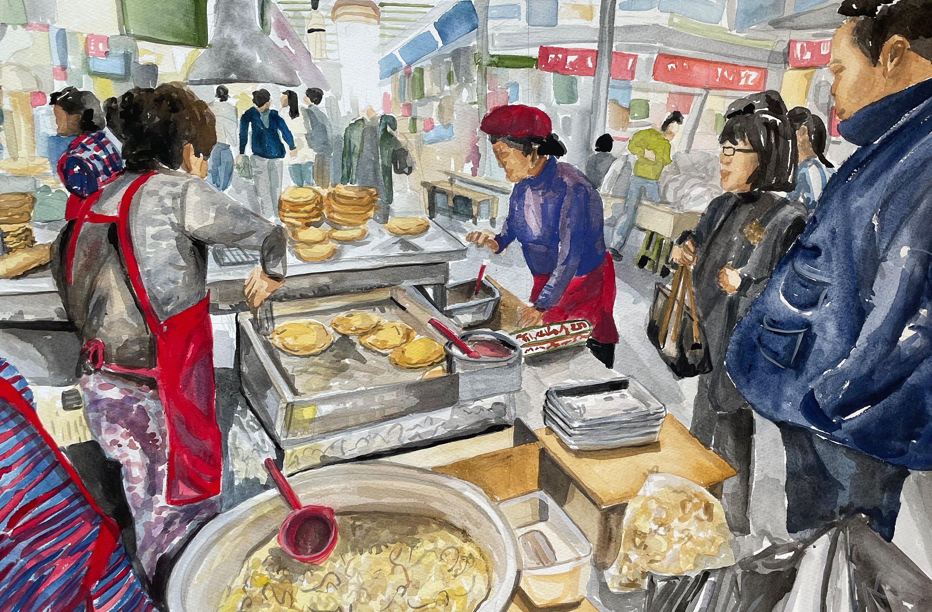 Korean street food - pancakes print of painting by Medjool Studio.  Print of original gouache painting featuring a scene of a vendor making pancakes for customers.