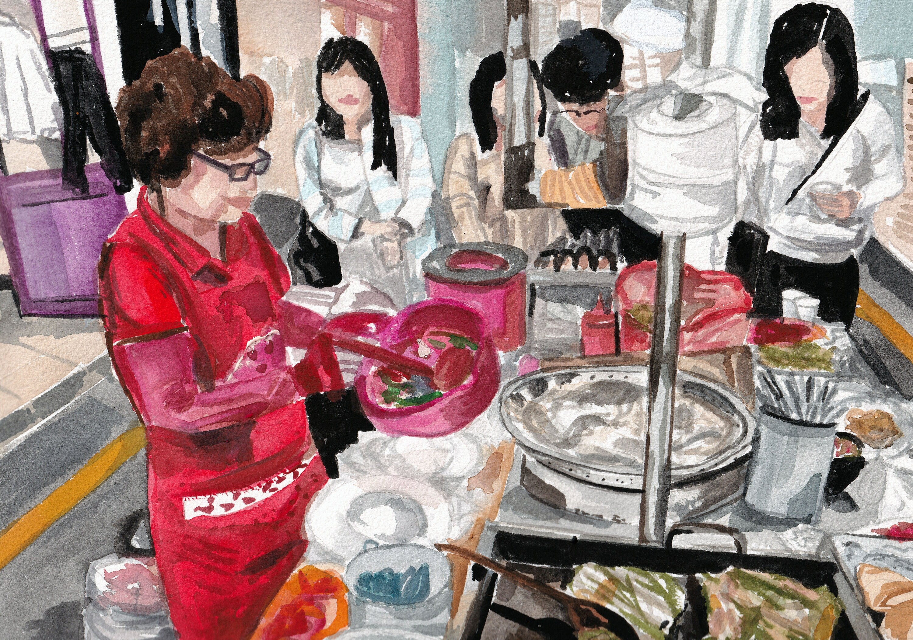 Korean street food - red apron print of painting by Medjool Studio.  Print of original gouache painting featuring a scene from a Korean Street Food Market in Seoul, South Korea.