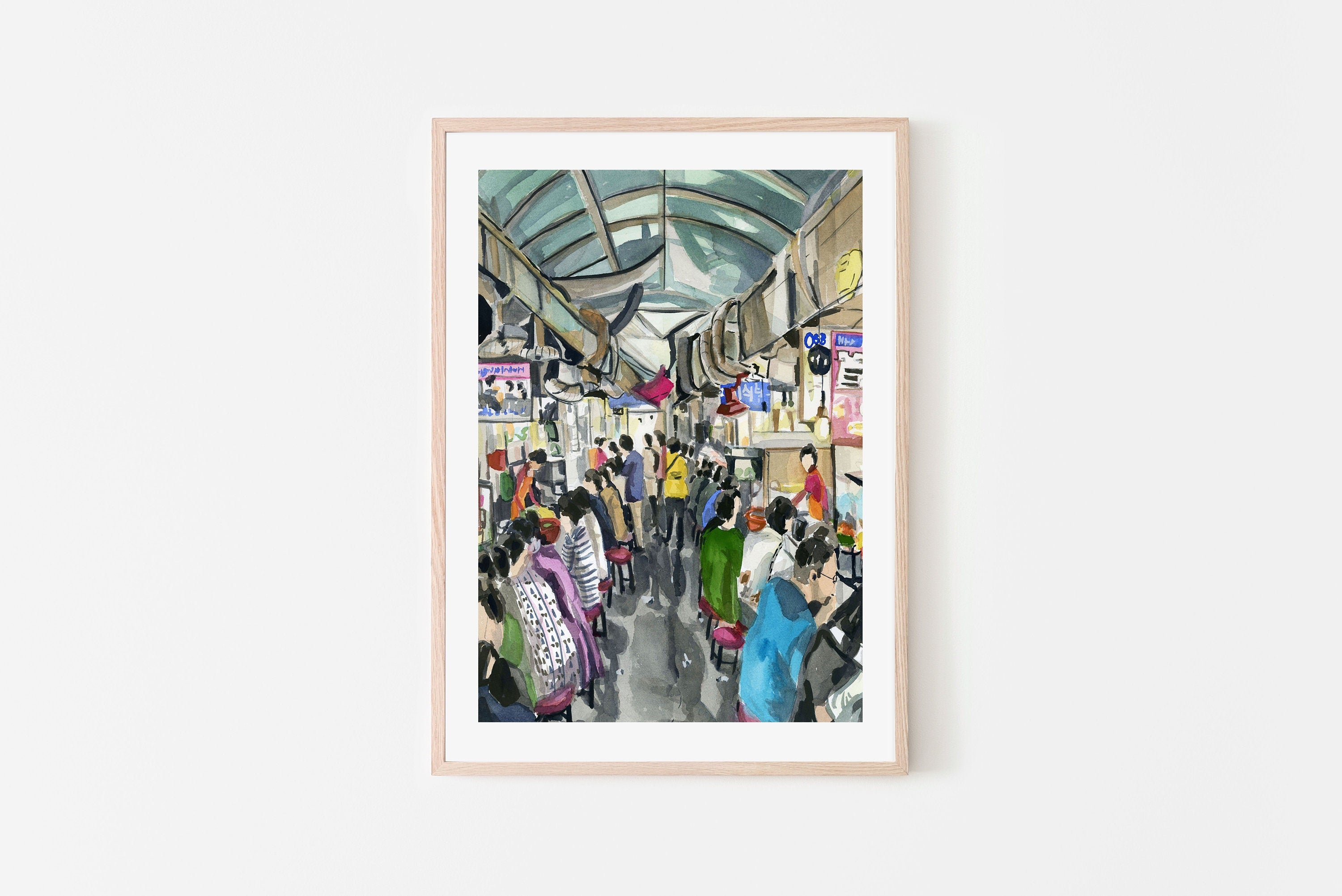 Korean street market alley print of painting by Medjool Studio. Print of original gouache painting featuring a scene from a Korean market in Busan, South Korea. 