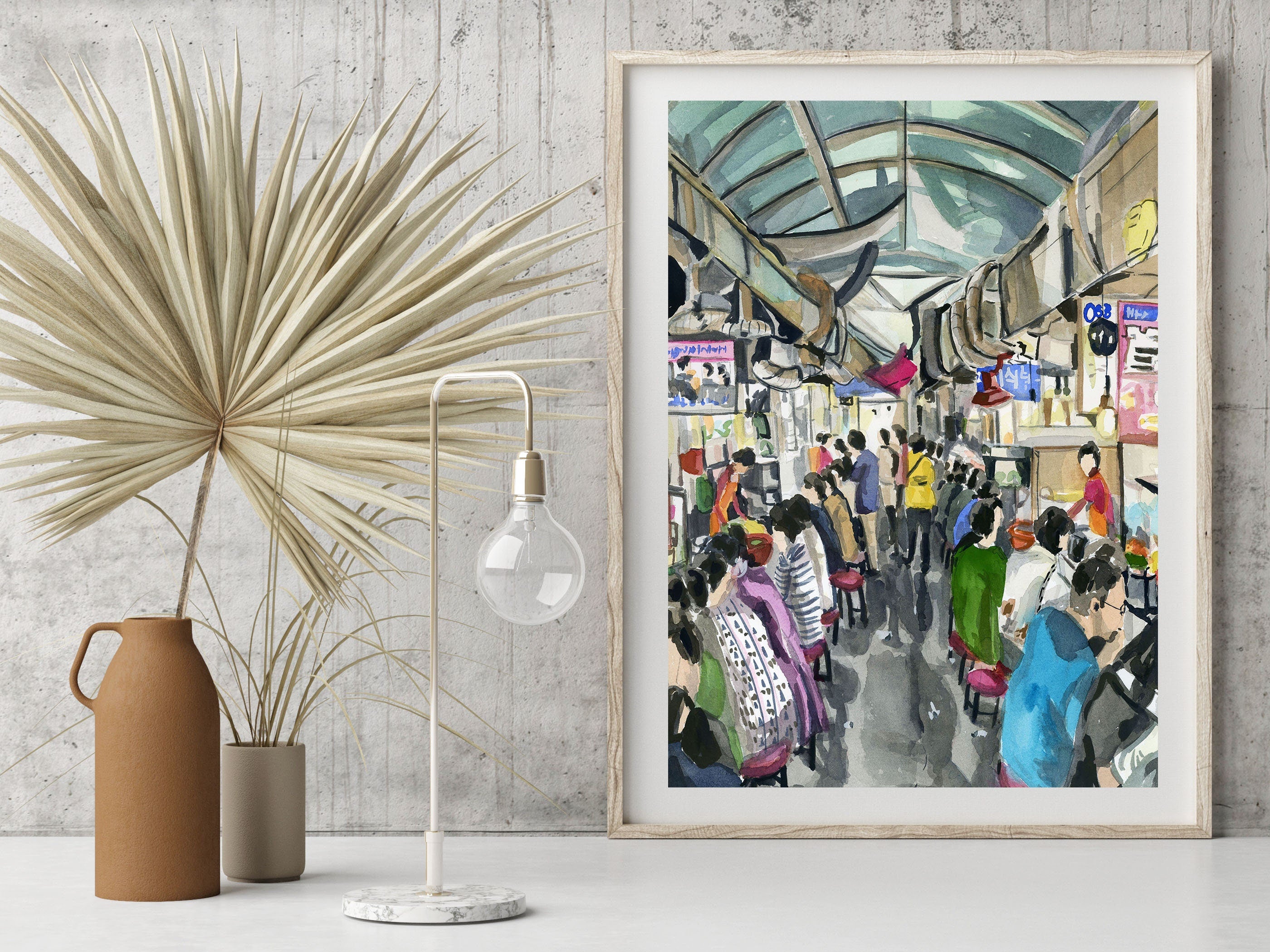 Korean street market alley print of painting by Medjool Studio. Print of original gouache painting featuring a scene from a Korean market in Busan, South Korea. 