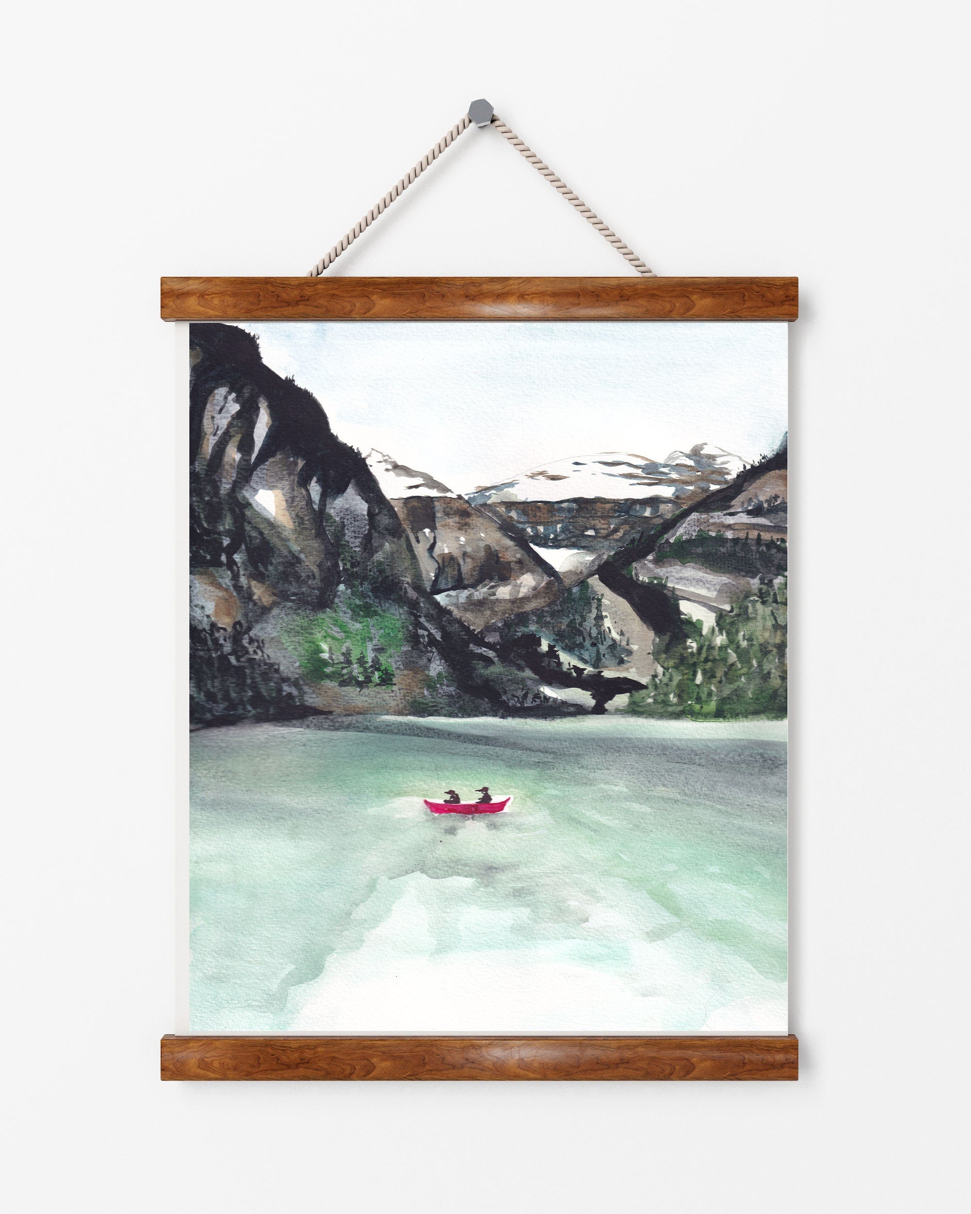 Lake Louise/Banff National Park and Mountains print of painting by Medjool Studio. Print of original gouache painting of the Lake Louise Mountains, including the lake, mountains and a small red boat.