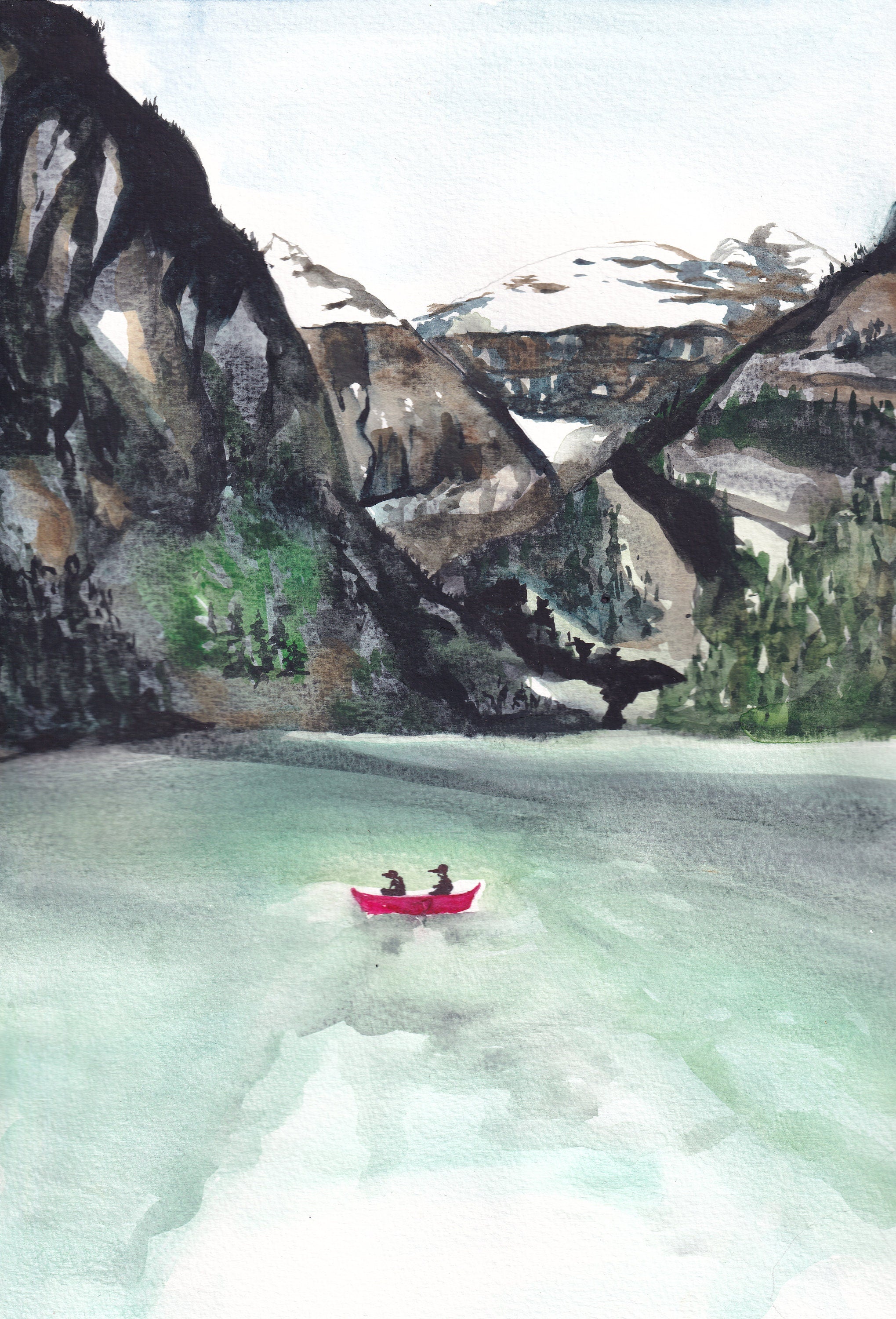 Lake Louise/Banff National Park and Mountains print of painting by Medjool Studio. Print of original gouache painting of the Lake Louise Mountains, including the lake, mountains and a small red boat.