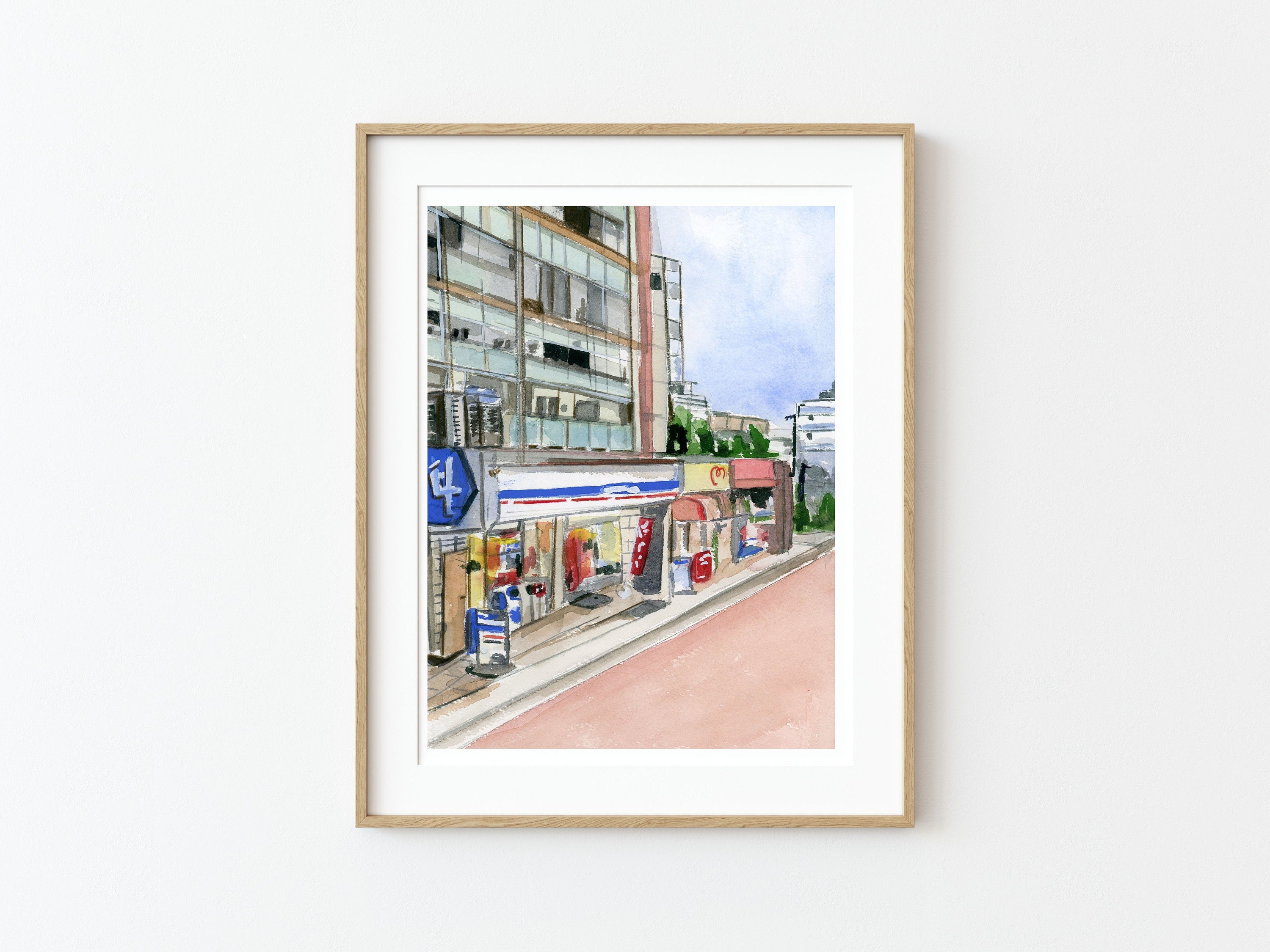Lawsons, Japan print of painting by Medjool Studio. Print of original gouache painting of a Tokyo street view of a Lawsons supermarket and apartment building in Tokyo, Japan.