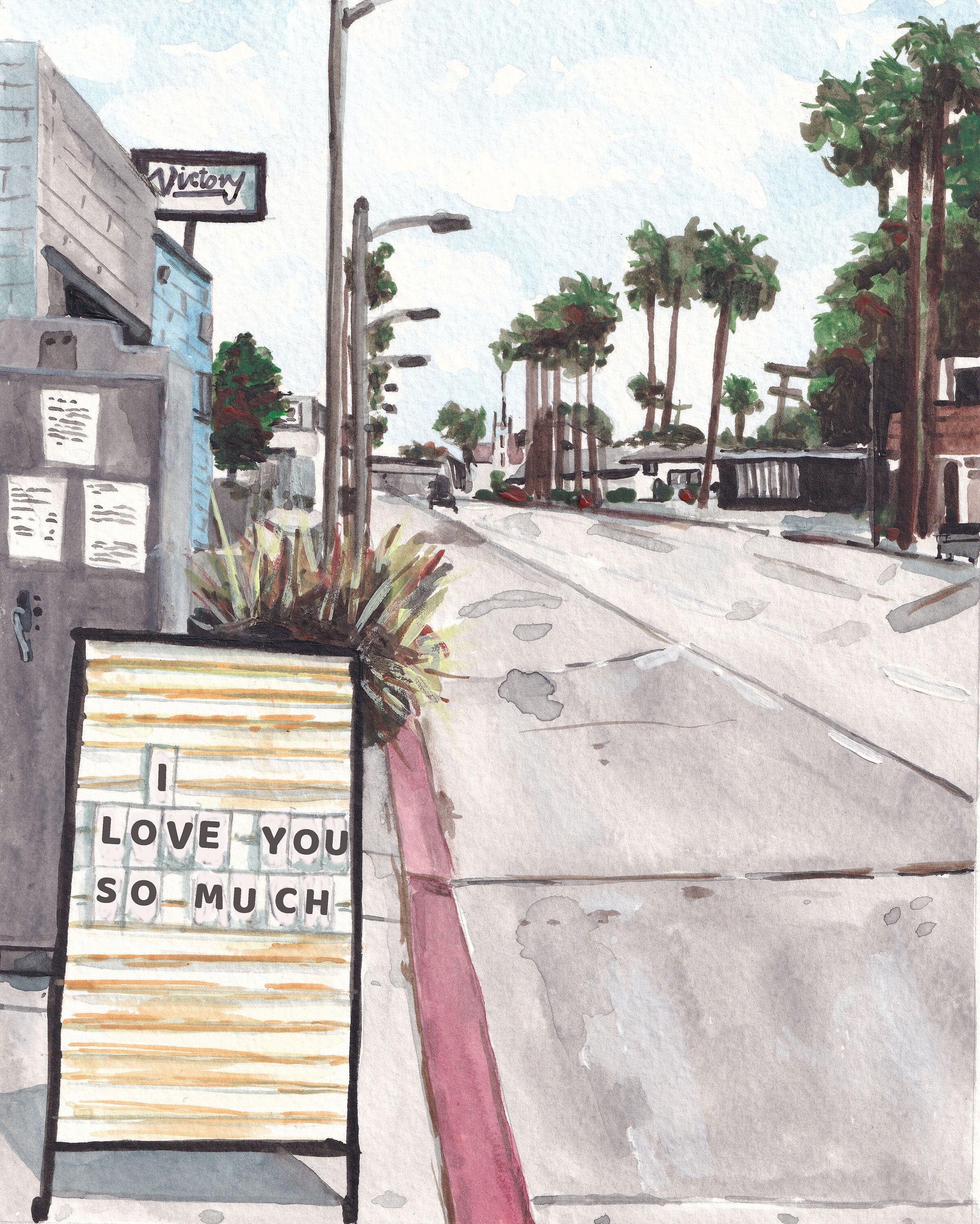 Los Angeles Streetscape - I Love You Sign print of painting by Medjool Studio. Print of original gouache painting of a Los Angeles streetscape, with palm trees, iconic buildings and an "I Love You" sign. 