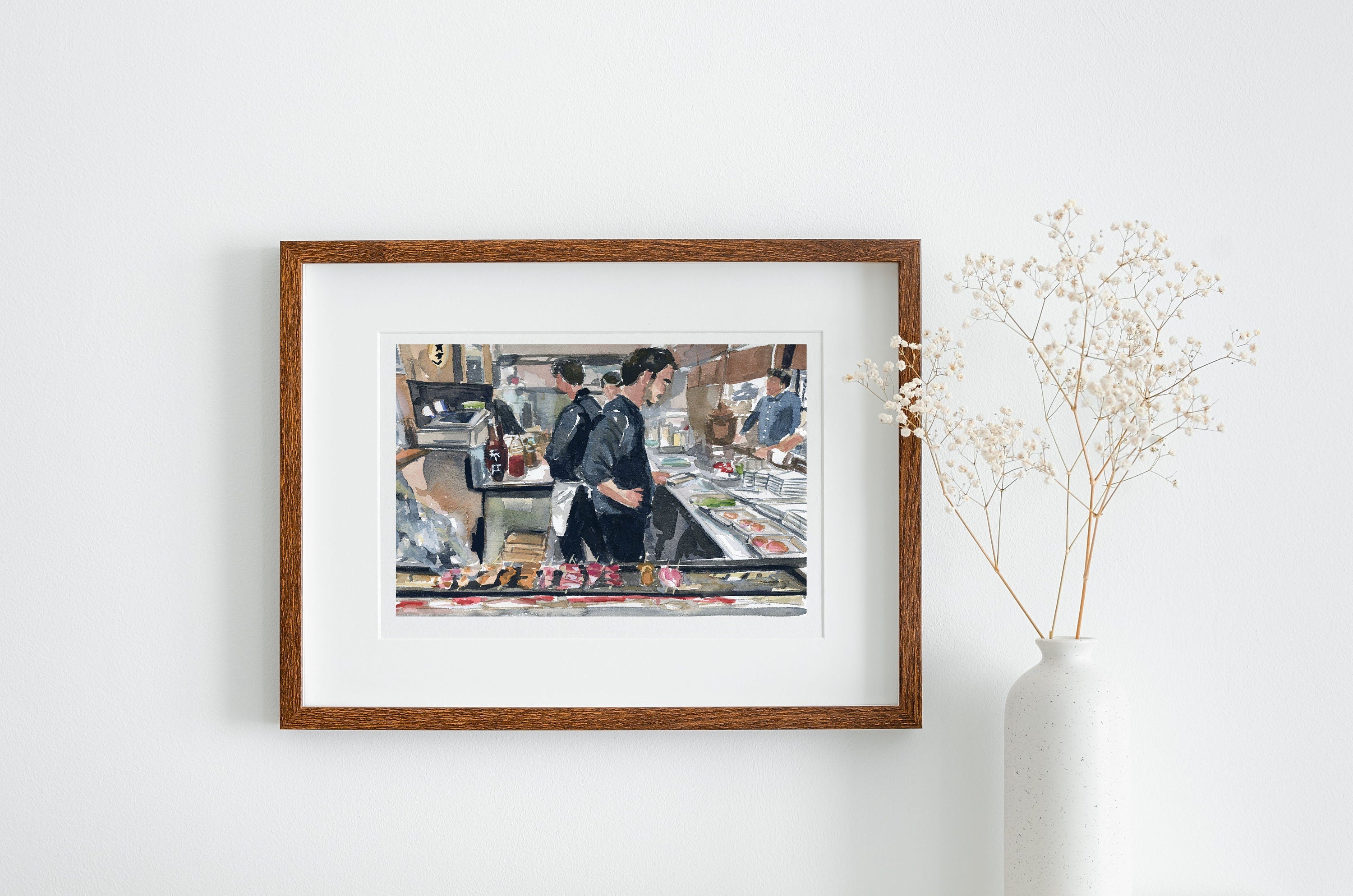 Memory Alley - Japanese Street Market print of painting by Medjool Studio. Print of original gouache painting of a small Japanese BBQ restaurant in Memory Alley, Tokyo, Japan. The smell of steam, BBQ and murmur of quiet conversation is captured in this piece.