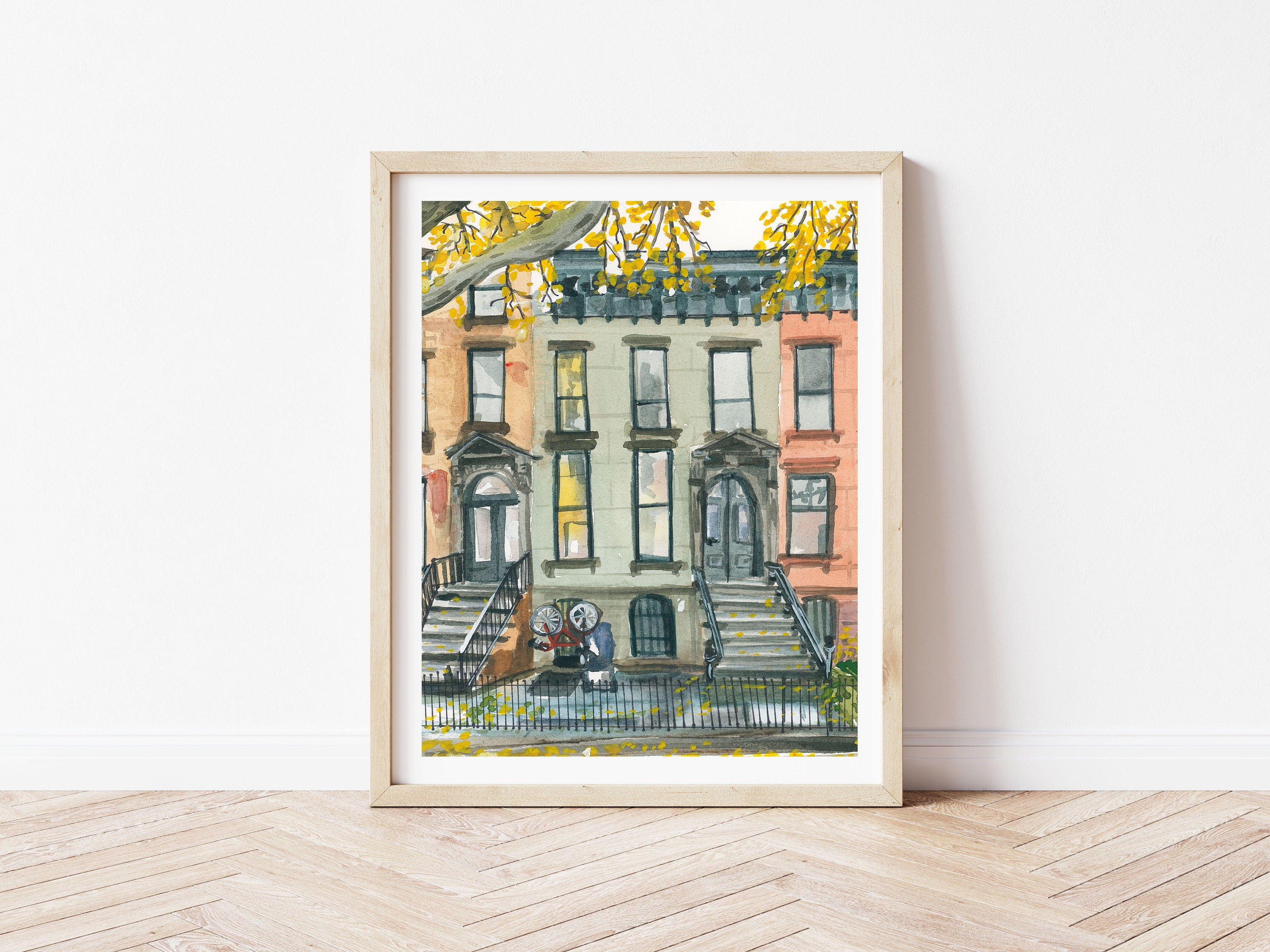 Montreal brownstone print of painting by Medjool Studio. Print of original gouache painting of a brownstone building in Montreal, Canada.