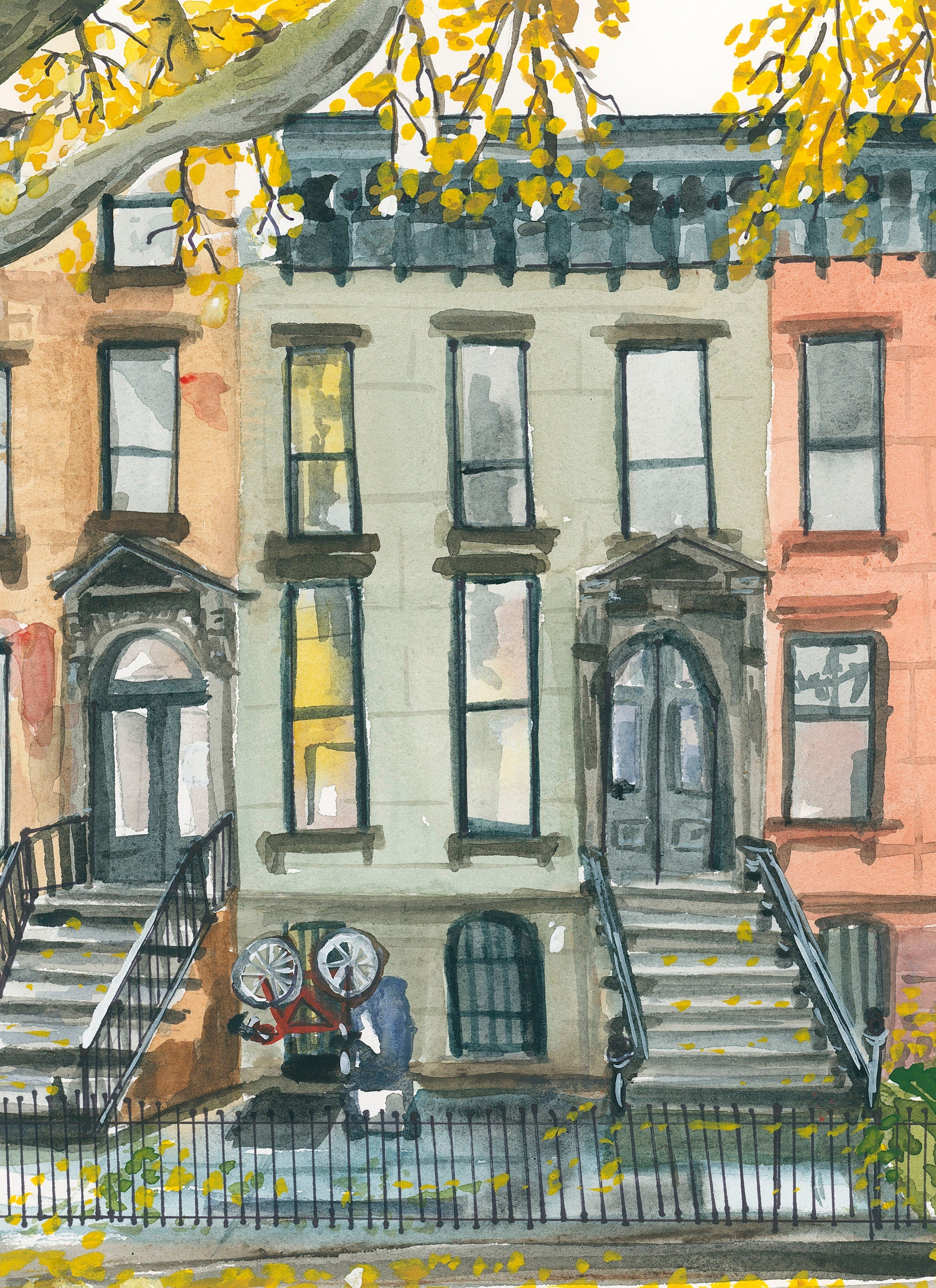 Montreal brownstone print of painting by Medjool Studio. Print of original gouache painting of a brownstone building in Montreal, Canada.