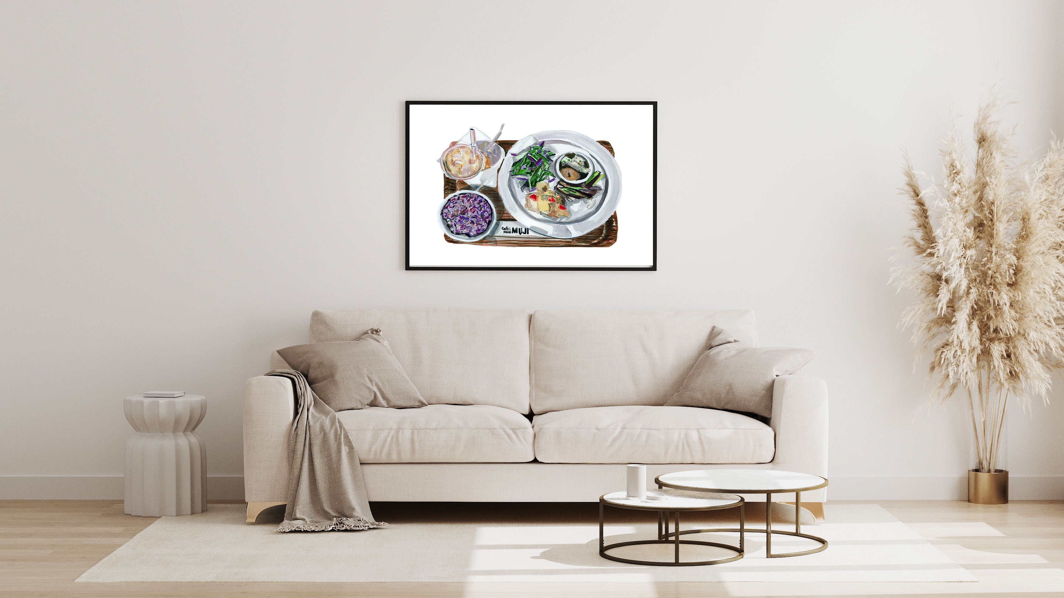 Muji cafe art print of painting by Medjool Studio. Print of original gouache painting inspired by the artist's trip to Hong Kong, where she ate a delicious meal at the Muji Cafe.