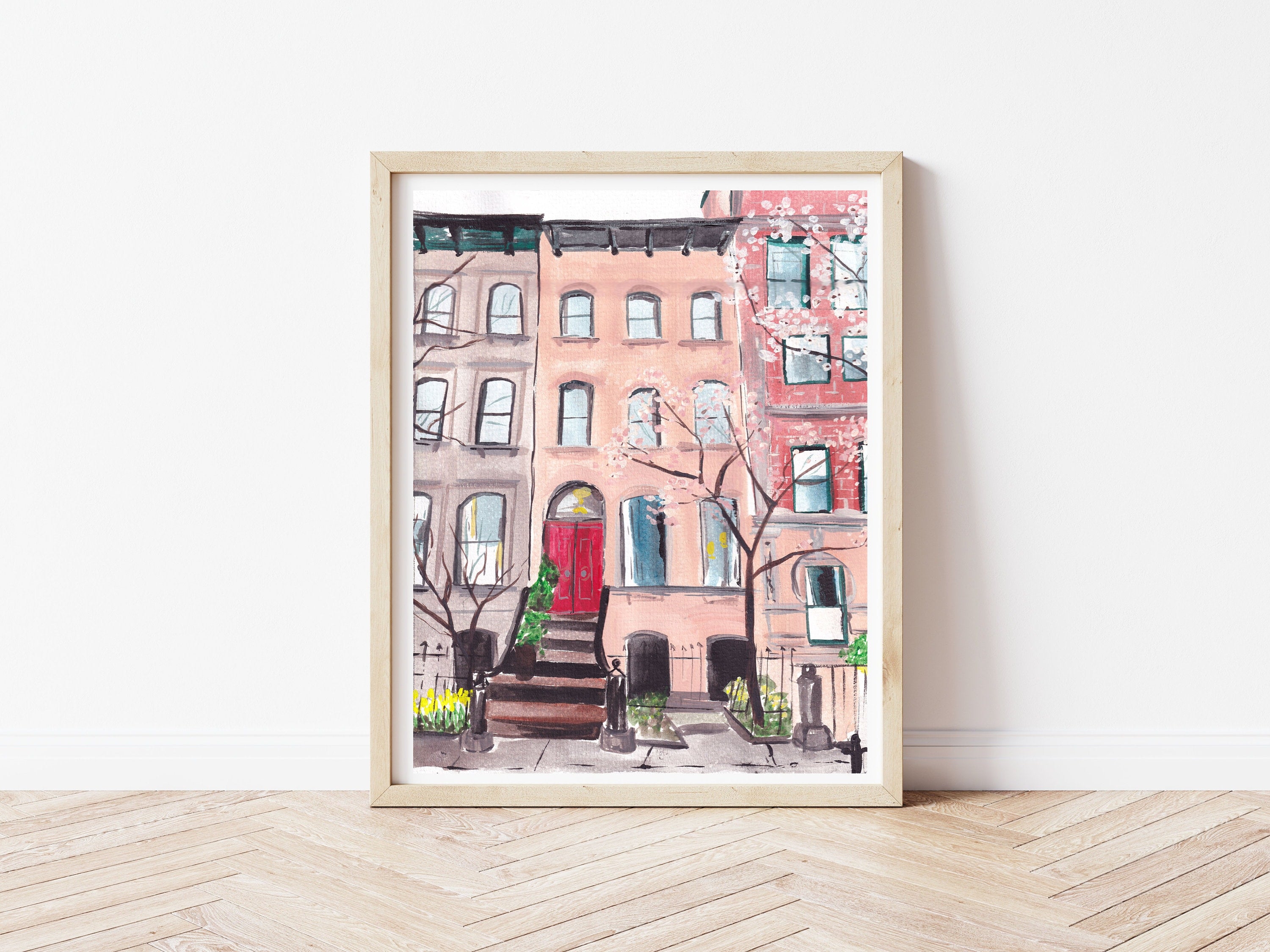 New York city brownstone print of painting by Medjool Studio. Print of original gouache painting of a New York City building.