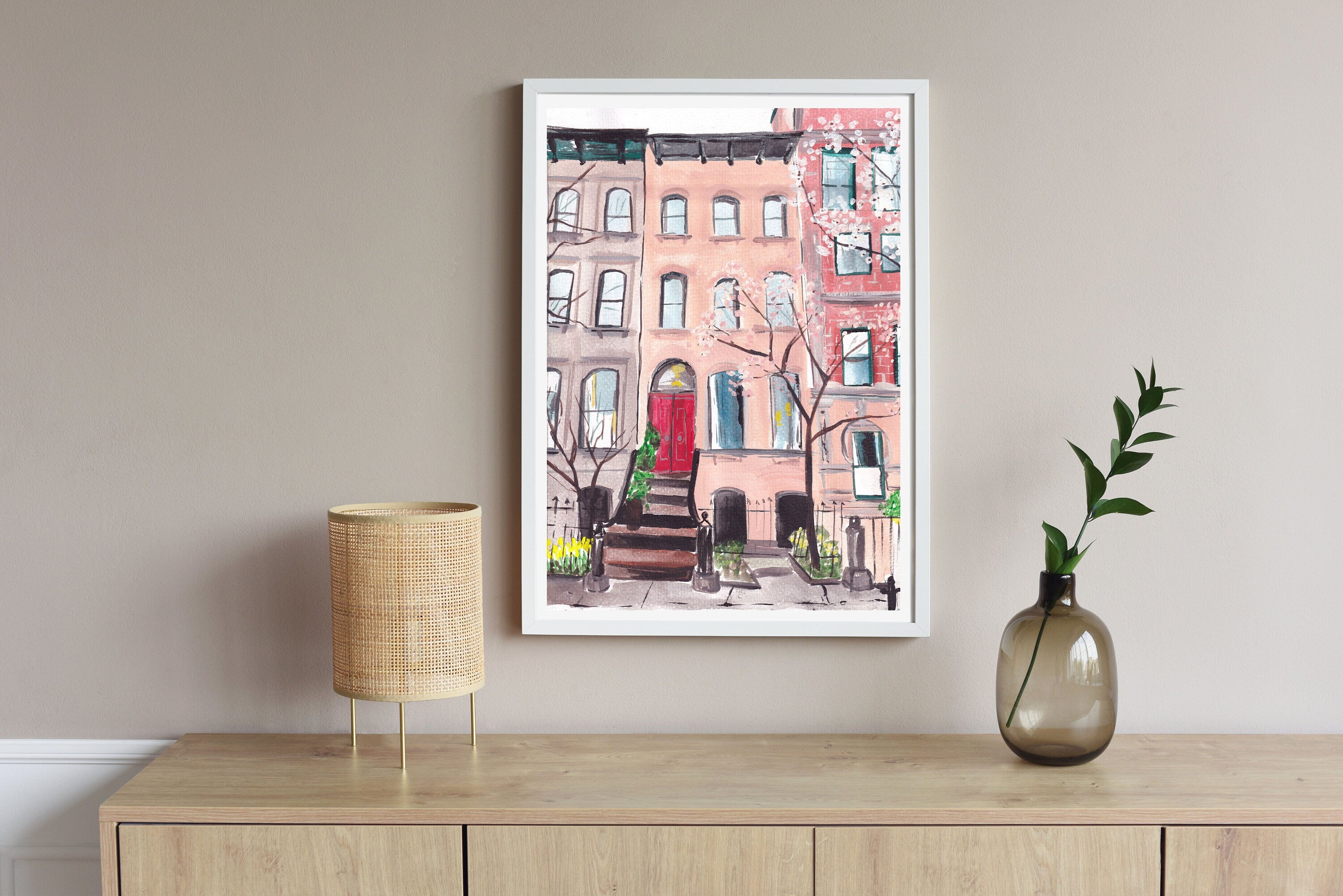 New York city brownstone print of painting by Medjool Studio. Print of original gouache painting of a New York City building.