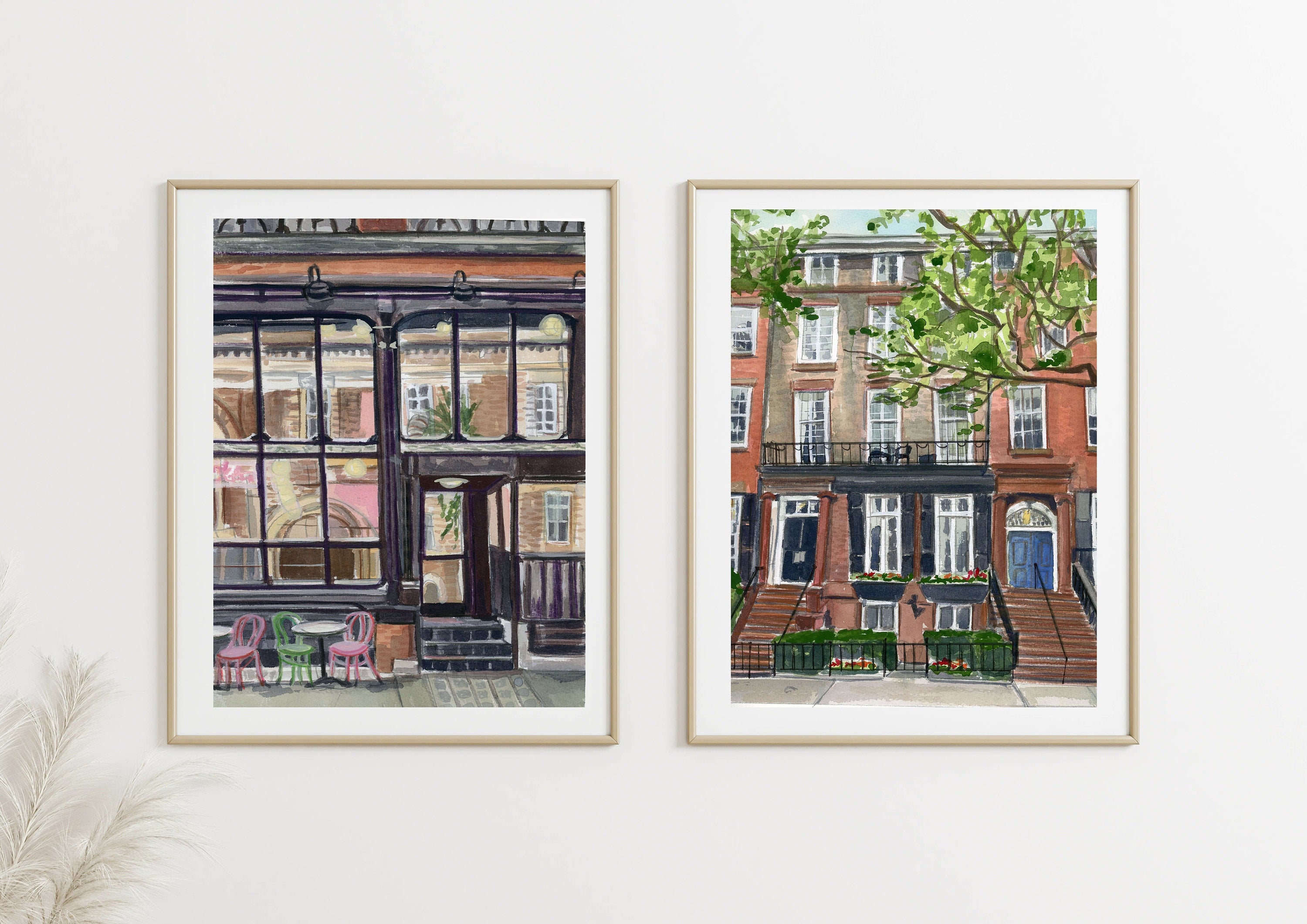 New York city coffee shop print of painting by Medjool Studio. Print of original gouache painting of a New York City cafe. This piece of art transports you to the bustling streets of the Big Apple, where the aroma of freshly brewed coffee and the warmth of community fill the air.