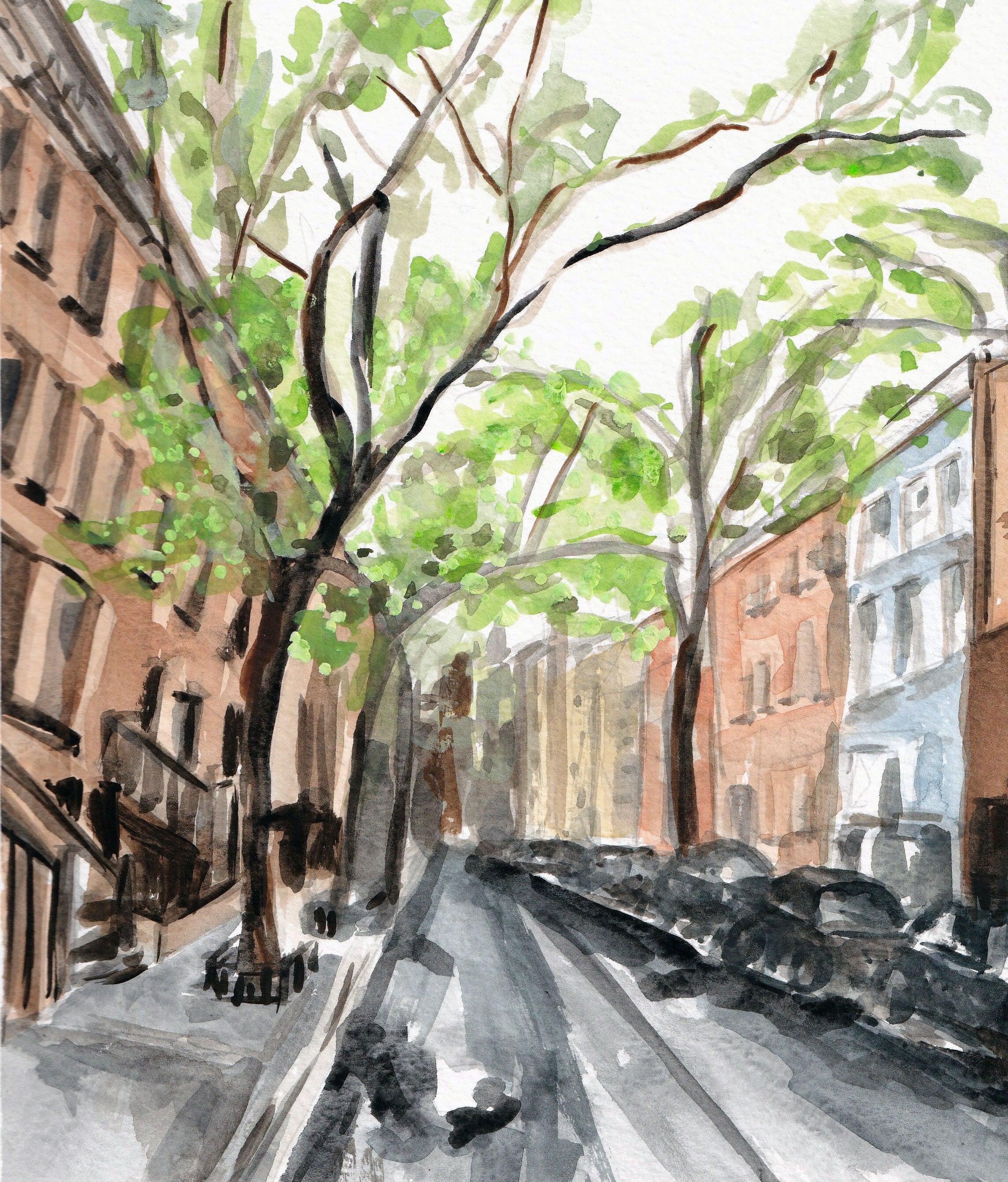New York city streetscape print of painting by Medjool Studio. Print of original gouache painting that is a slightly abstract interpretation of the classic architecture. Shows a scene looking down a street with tall buildings, cars and trees along the sides of the street.