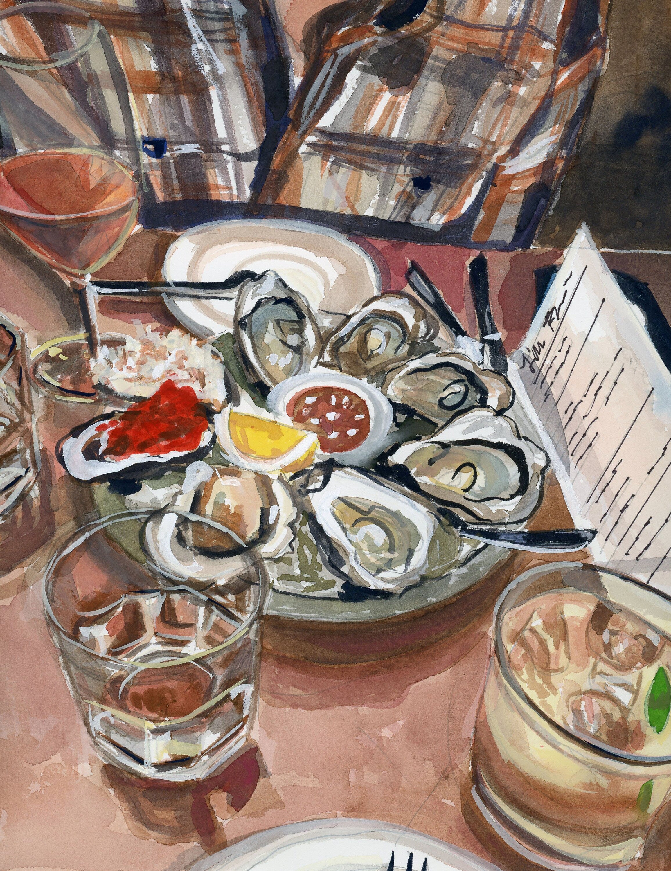 Oyster date night print of painting by Medjool Studio. Print of original gouache painting of a "date night" including oysters and drinks at Bar Raval in Toronto, Canada. 