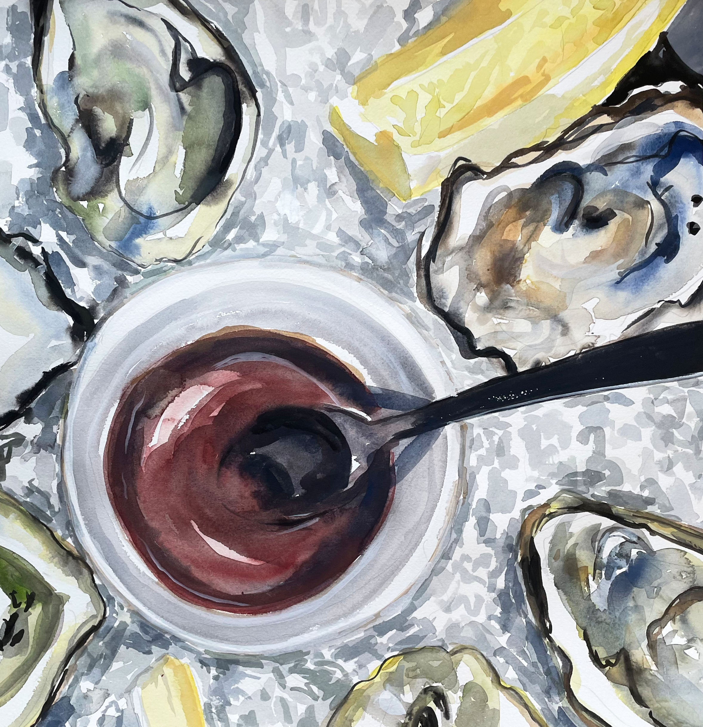 Oyster painting print of painting by Medjool Studio. Print of original gouache painting of an oyster meal, using grey, blue and yellow tones.