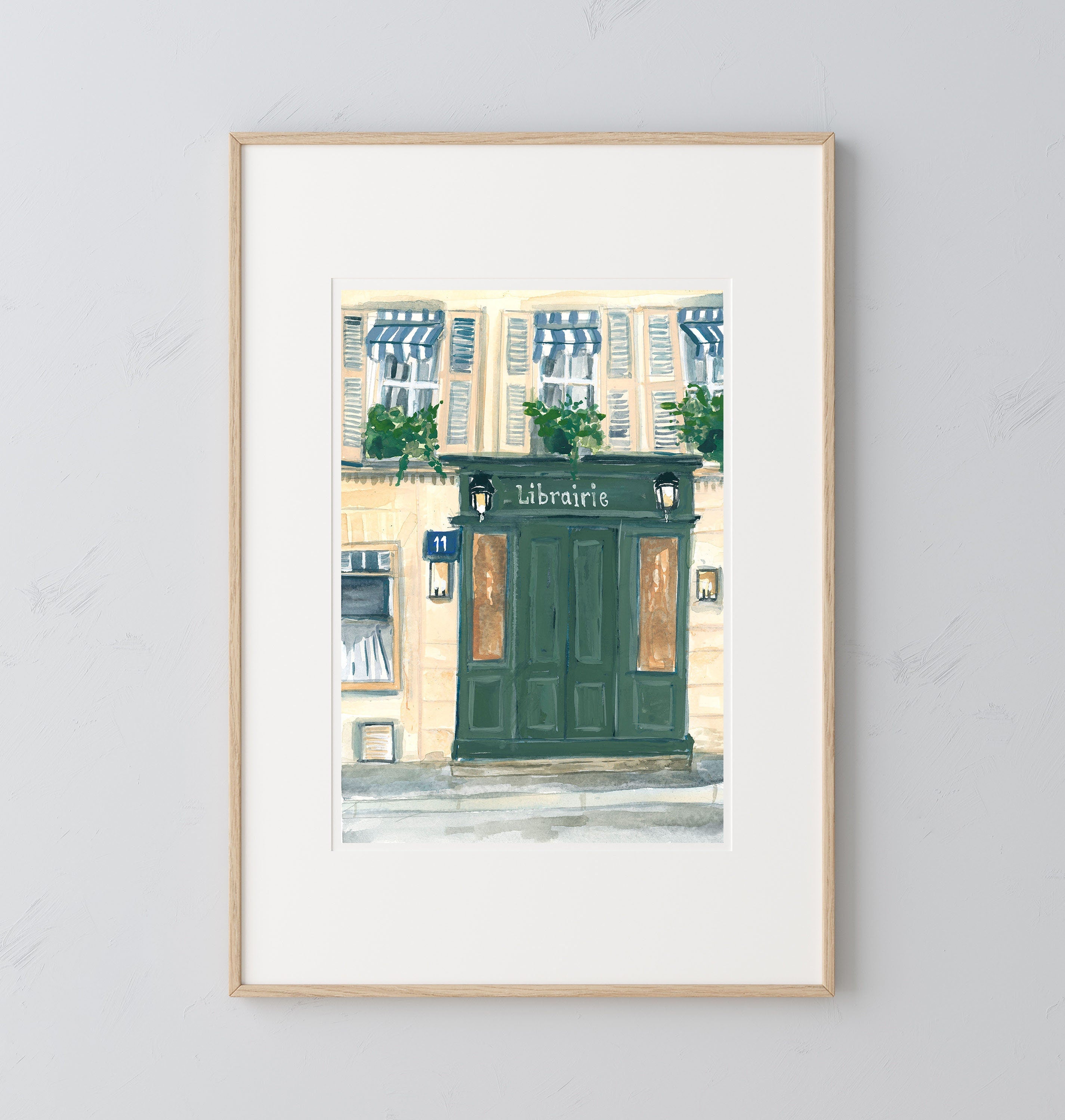 Paris bookstore print of painting by Medjool Studio. Print of original gouache painting of the front doors of a Parisian bookstore.