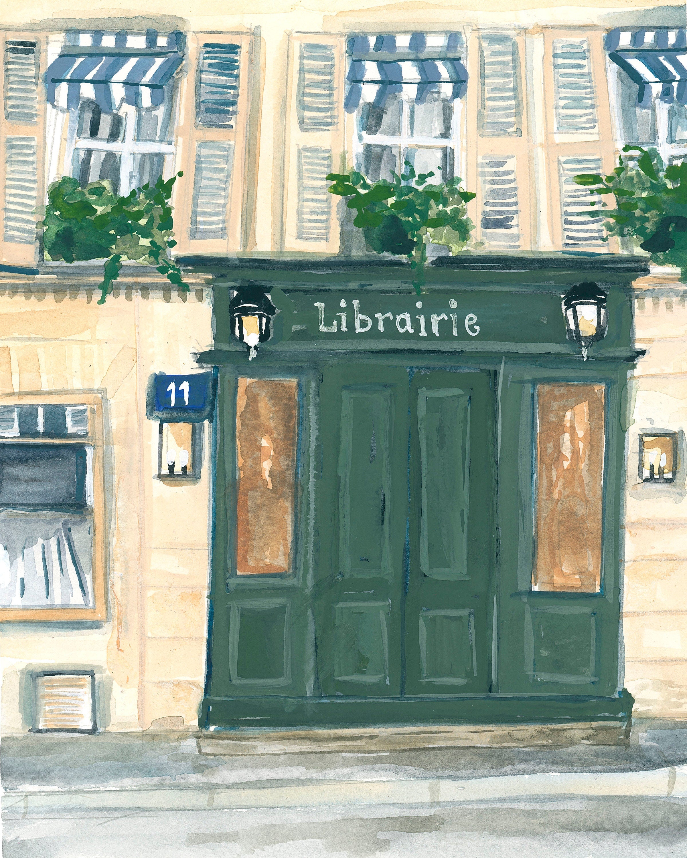 Paris bookstore print of painting by Medjool Studio. Print of original gouache painting of the front doors of a Parisian bookstore.