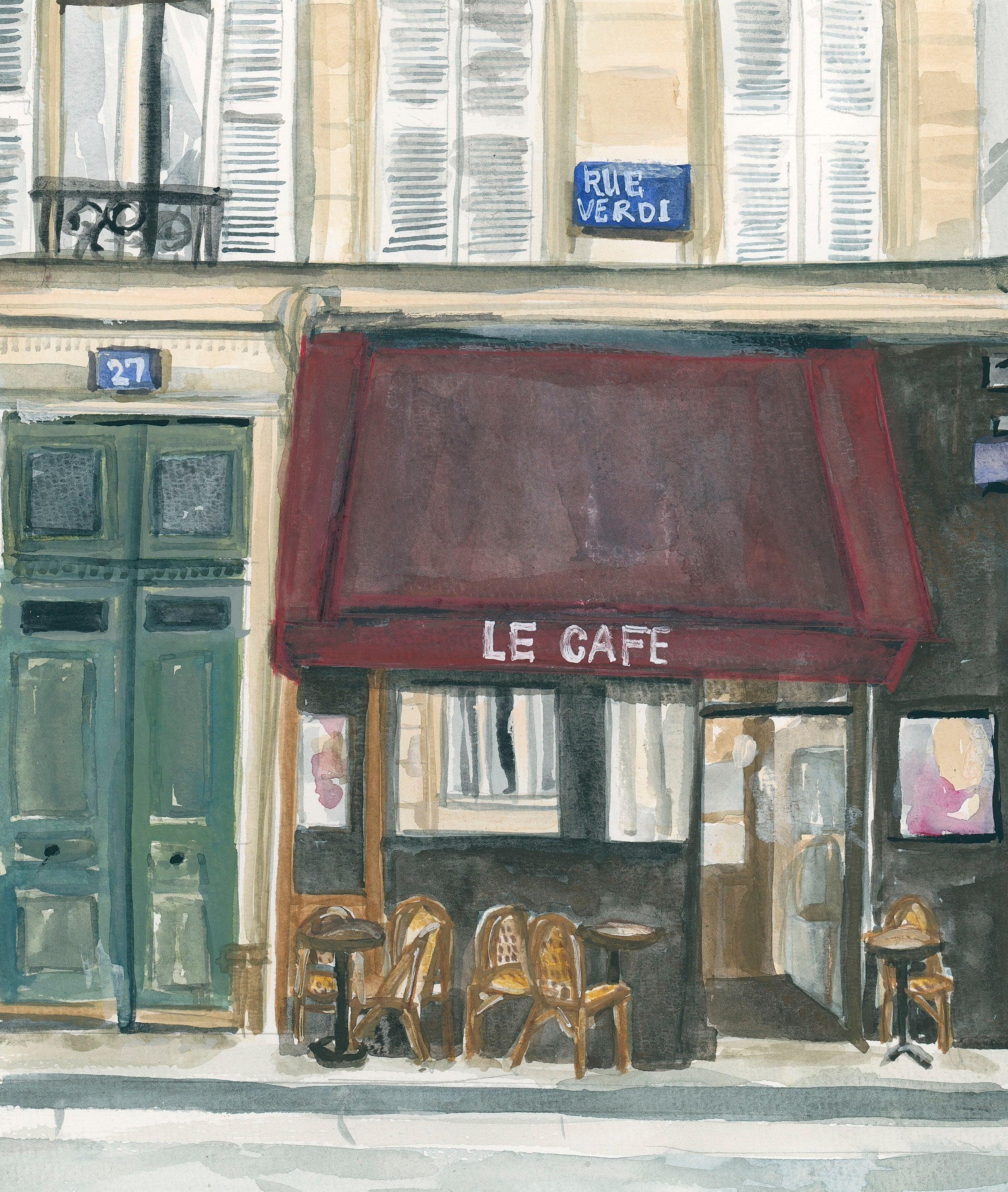 Paris cafe print of painting by Medjool Studio. Print of original gouache painting of the front of a small cafe in Paris, France featuring a burgundy awning, small tables and chairs out front.