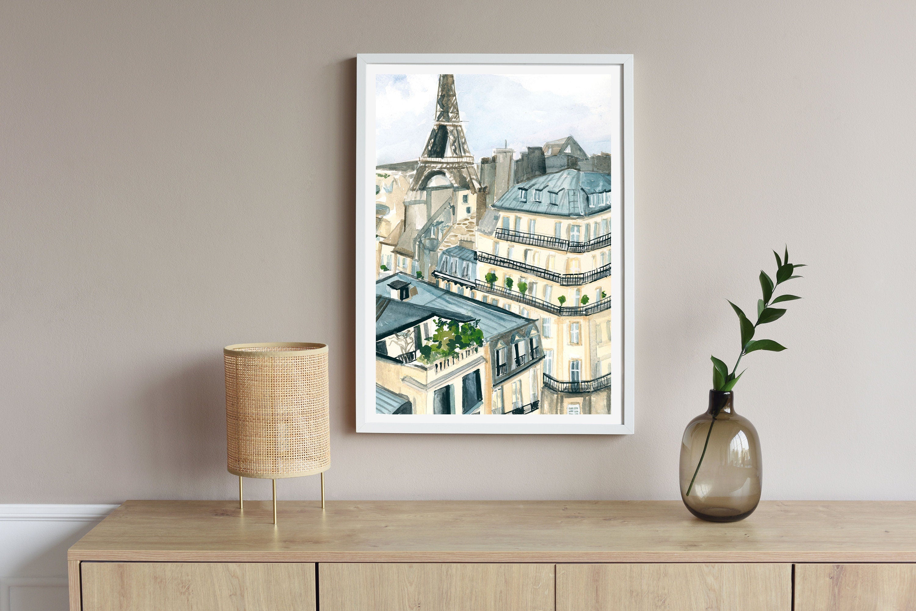 Parisian buildings and Eiffel tower print of painting by Medjool Studio. Print of original gouache painting based on the artist's own travels to Europe detailing historic architecture and the Eiffel tower.