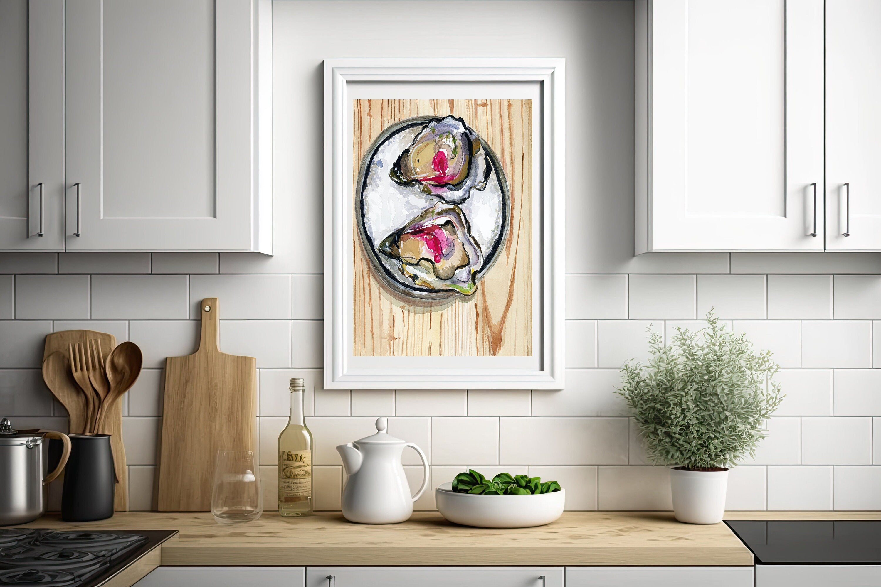 Pink oyster shell print of painting by Medjool Studio. Print of original gouache painting that captures the delicate intricacies of an oyster shell in a mesmerizing watercolor style