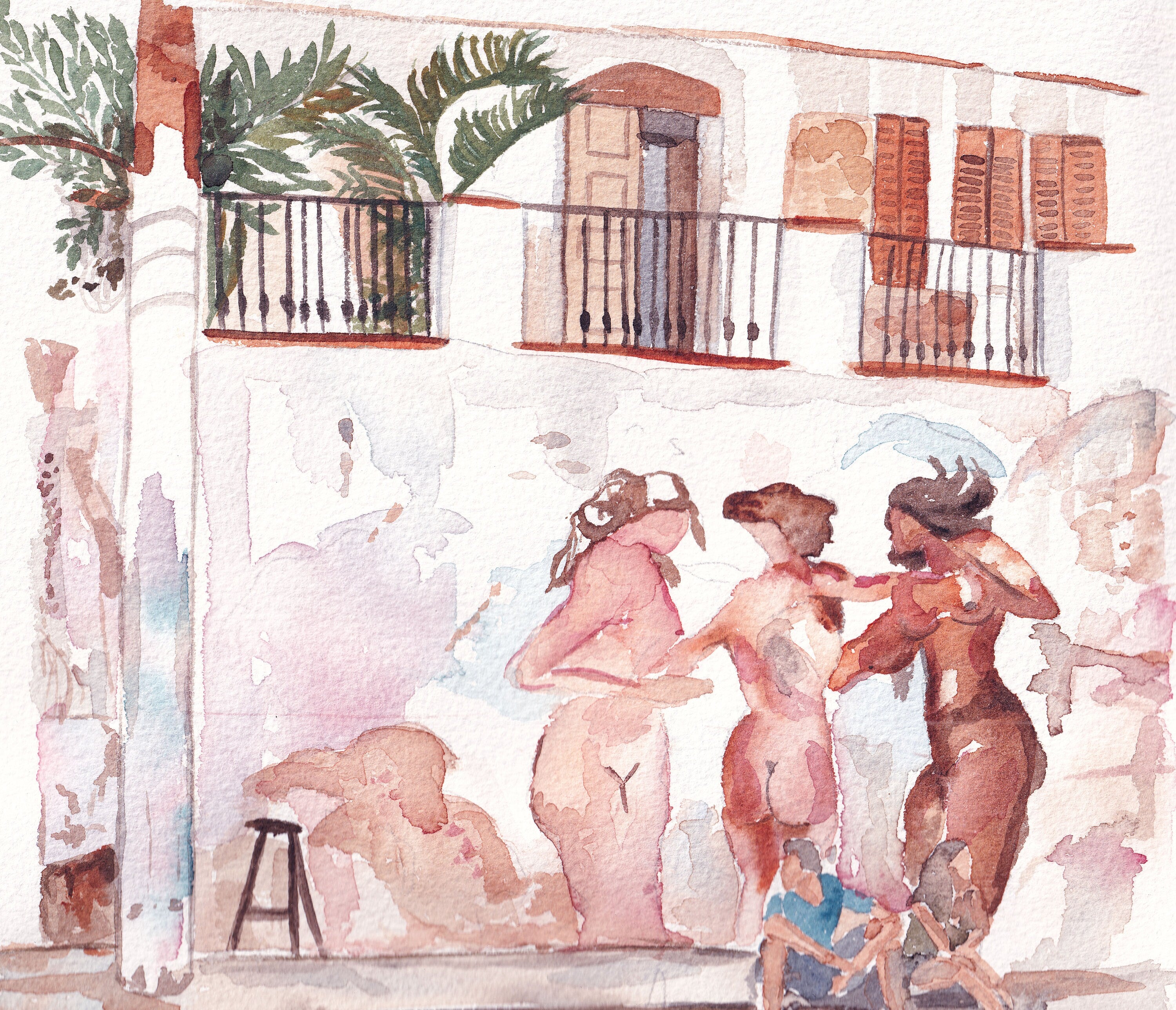 Rio De Janeiro Streetscape - Painted Ladies print of painting by Medjool Studio. Print of original gouache painting of a Brazilian streetscape. Inspired by beautiful murals in Rio de Janeiro.