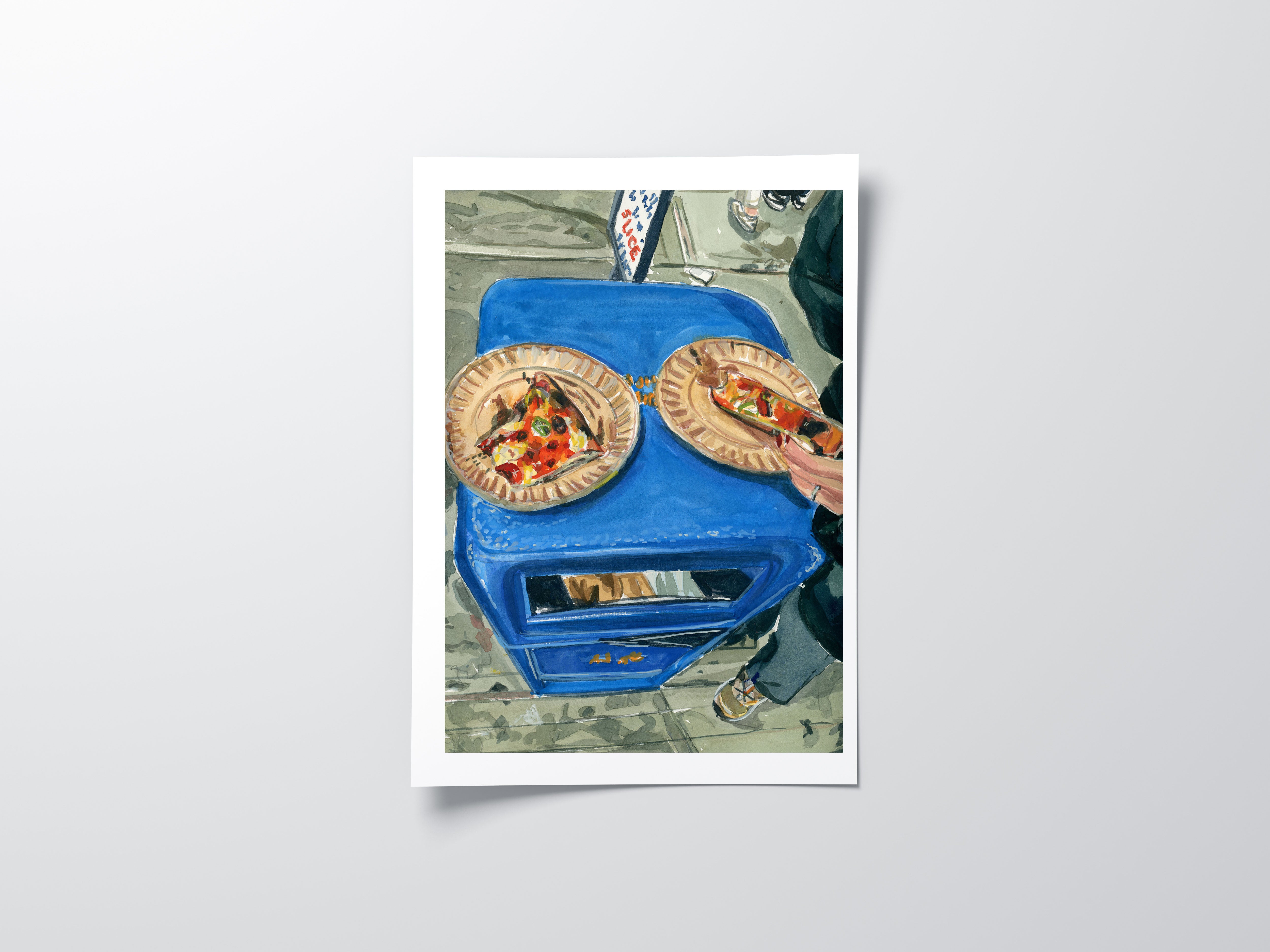 Scar’s Pizza print of painting by Medjool Studio. Print of original gouache painting showing a slice of pizza on top of a vibrant blue garbage bin.