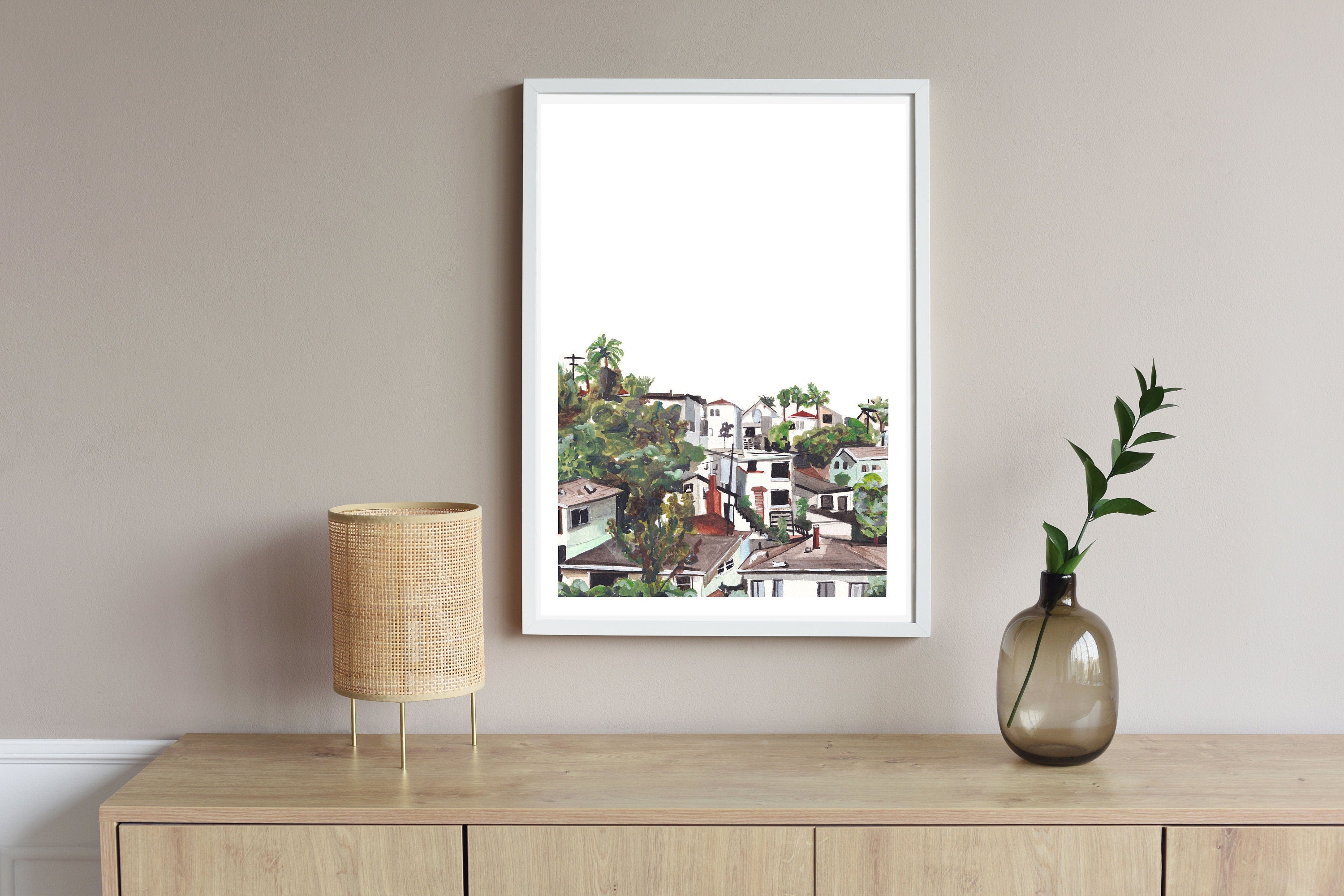 Silverlake, Los Angeles neighborhood print of painting by Medjool Studio. Print of an original gouache painting of a neighborhood in Silverlake, Los Angeles featuring white houses and greenery.  