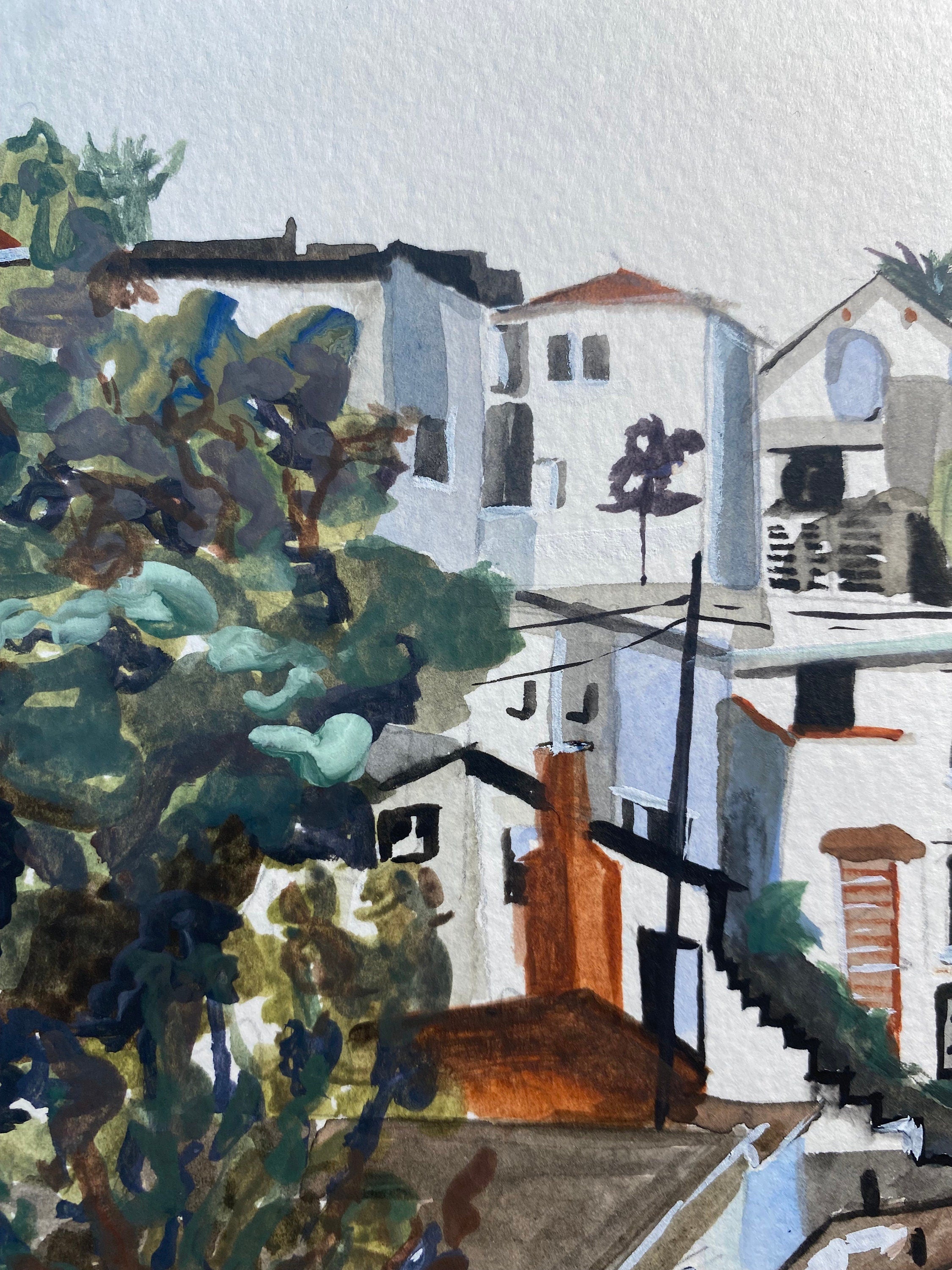 Silverlake, Los Angeles neighborhood print of painting by Medjool Studio. Print of an original gouache painting of a neighborhood in Silverlake, Los Angeles featuring white houses and greenery.  