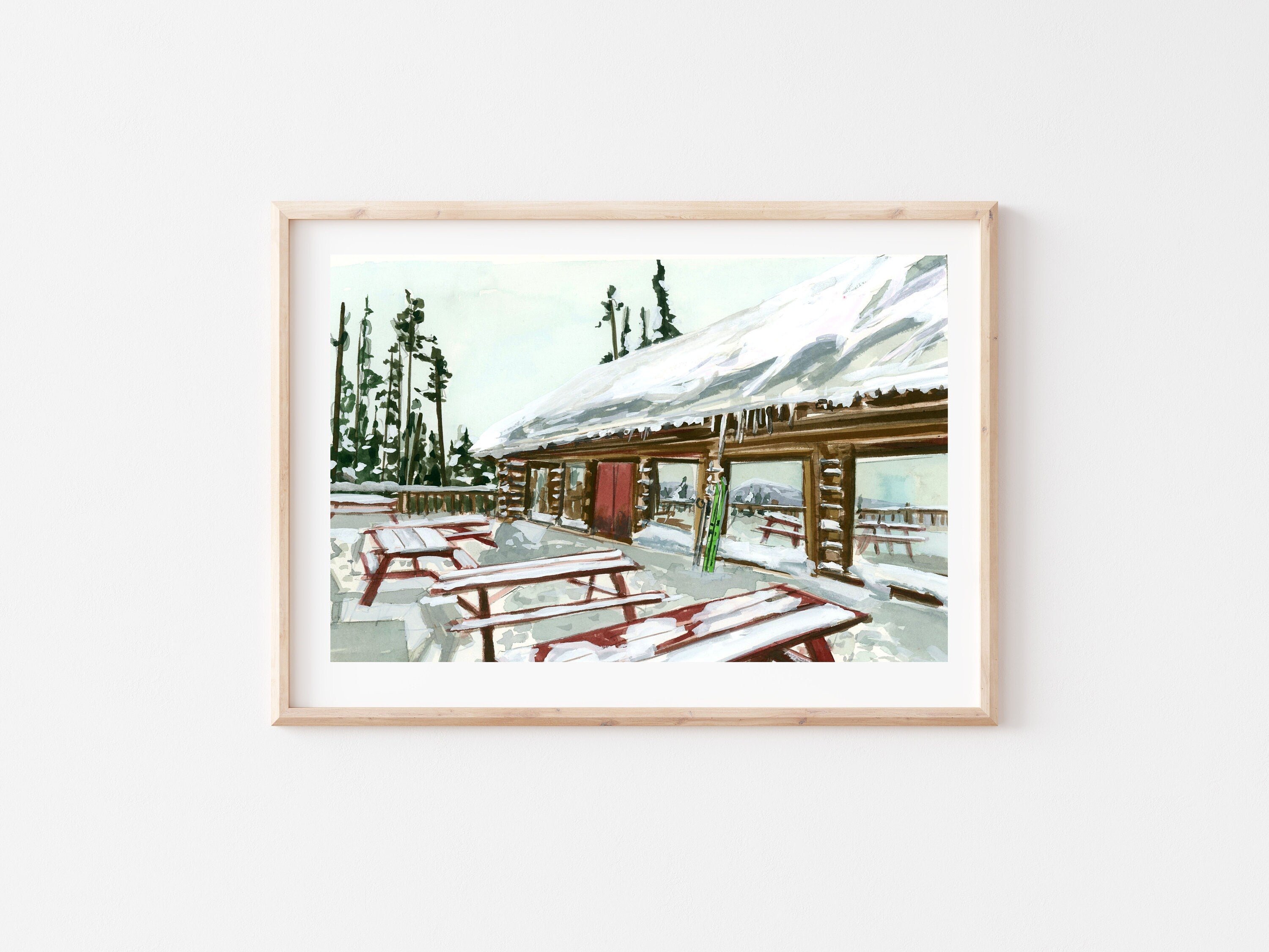 Snowy ski lodge print of painting by Medjool Studio. Print of an original gouache painting of a snowy ski lodge in at the Kimberely ski hill in the Canadian rocky mountains.