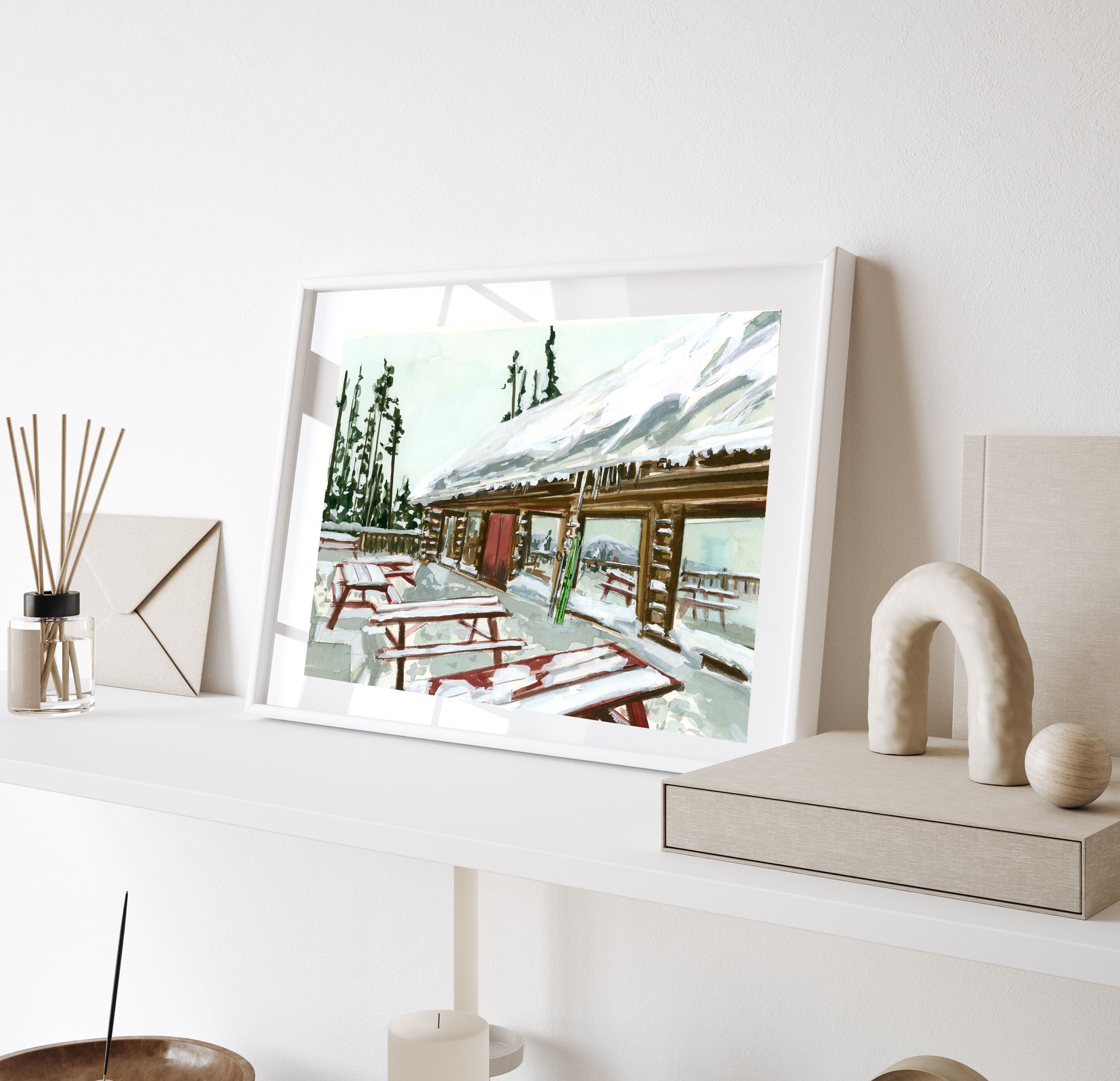Snowy ski lodge print of painting by Medjool Studio. Print of an original gouache painting of a snowy ski lodge in at the Kimberely ski hill in the Canadian rocky mountains.