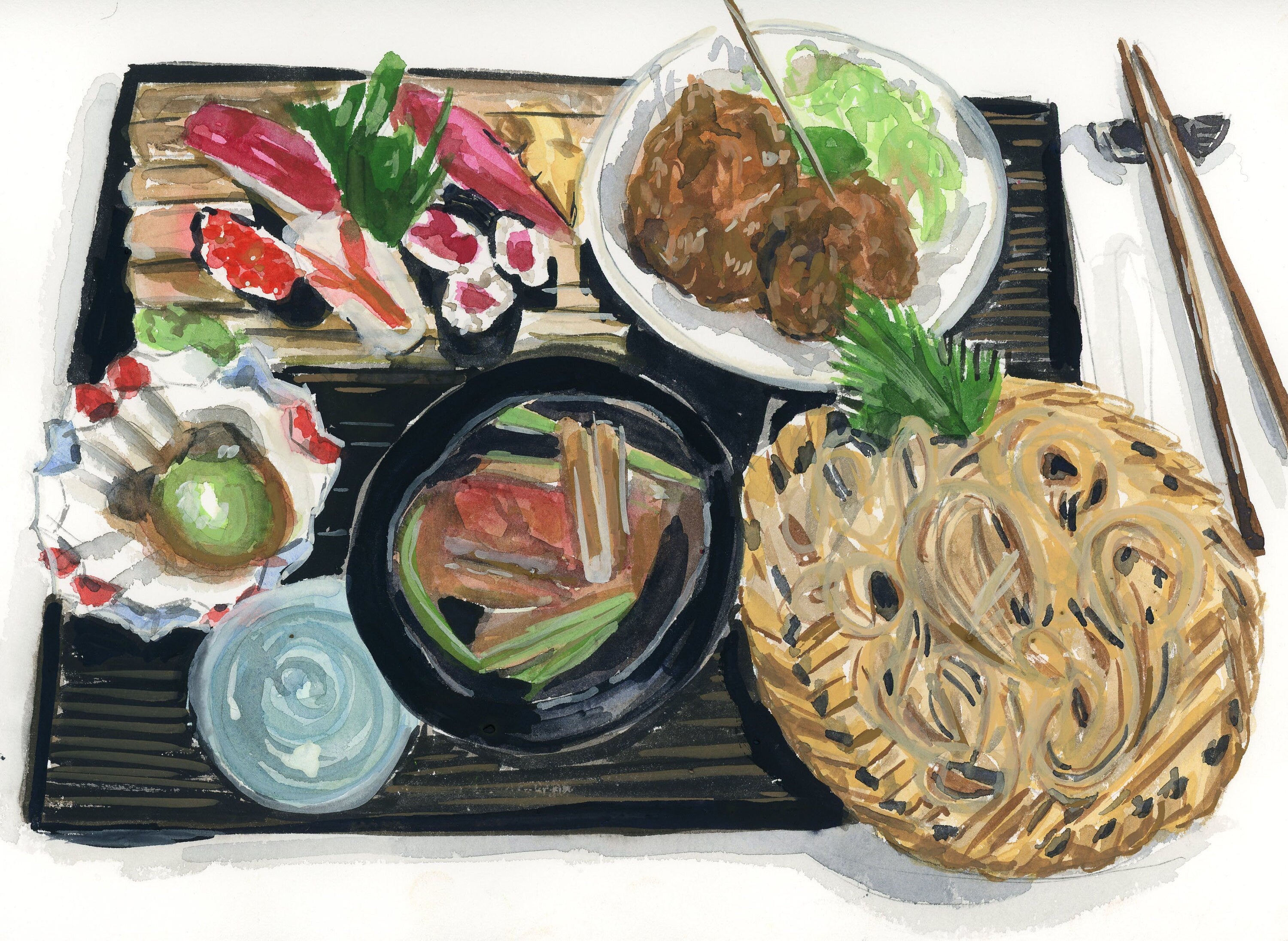 Soba noodle and sushi meal print of painting by Medjool Studio. Print of an original gouache painting of a soba noodle and sushi meal in Tokyo, Japan.