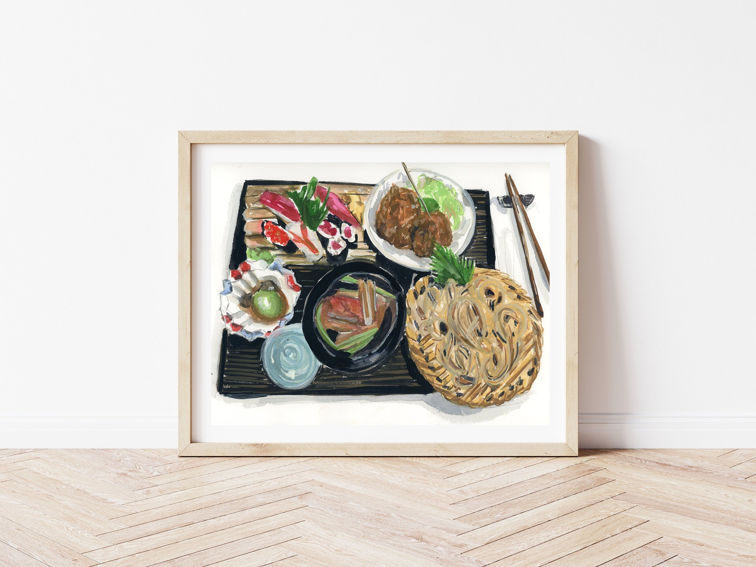 Soba noodle and sushi meal print of painting by Medjool Studio. Print of an original gouache painting of a soba noodle and sushi meal in Tokyo, Japan.