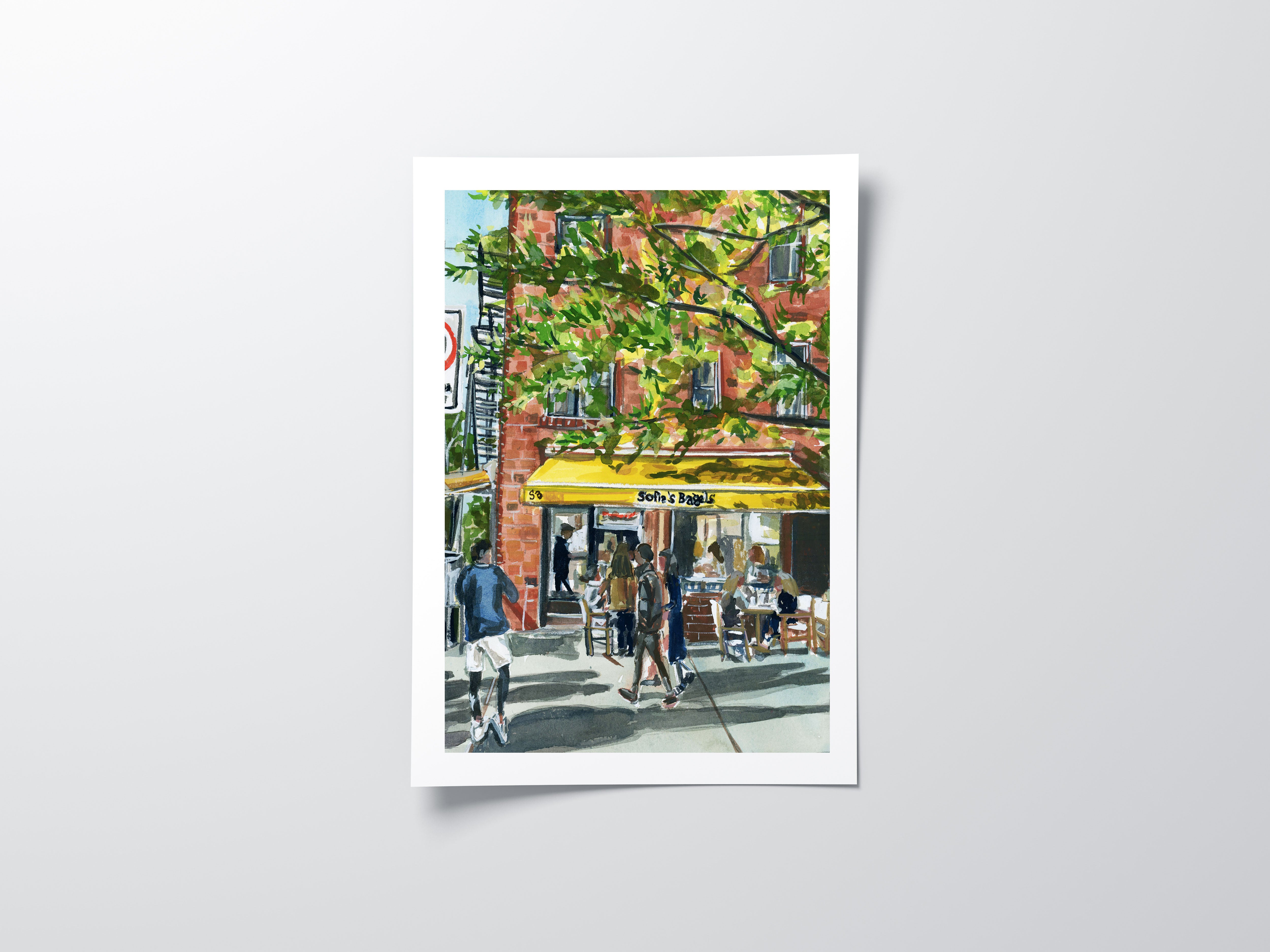Sofia’s Bagels print of painting by Medjool Studio. Print of original gouache painting of Sofia's Bagel Cafe in Greenwich Village, NYC, captured in a serene morning scene using soft hues and delicate brush strokes.