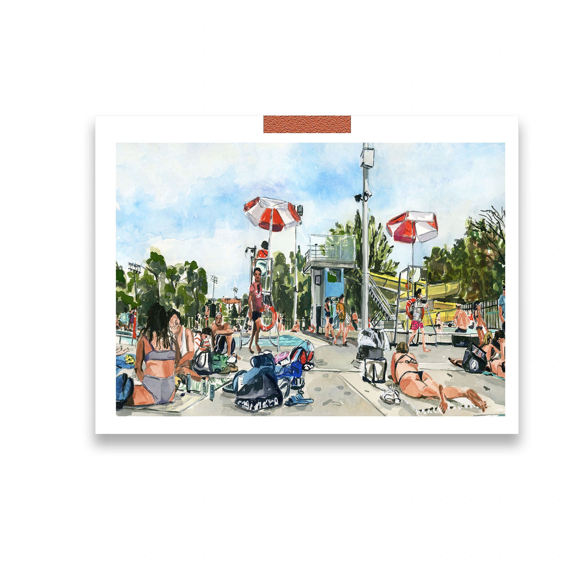 Summer pool art print of painting by Medjool Studio. Print of an original gouache painting of a summer pool scene inspired by the artist's daily life. Shows a scene at a neighbourhood pool filled with people enjoying their summer weekend.