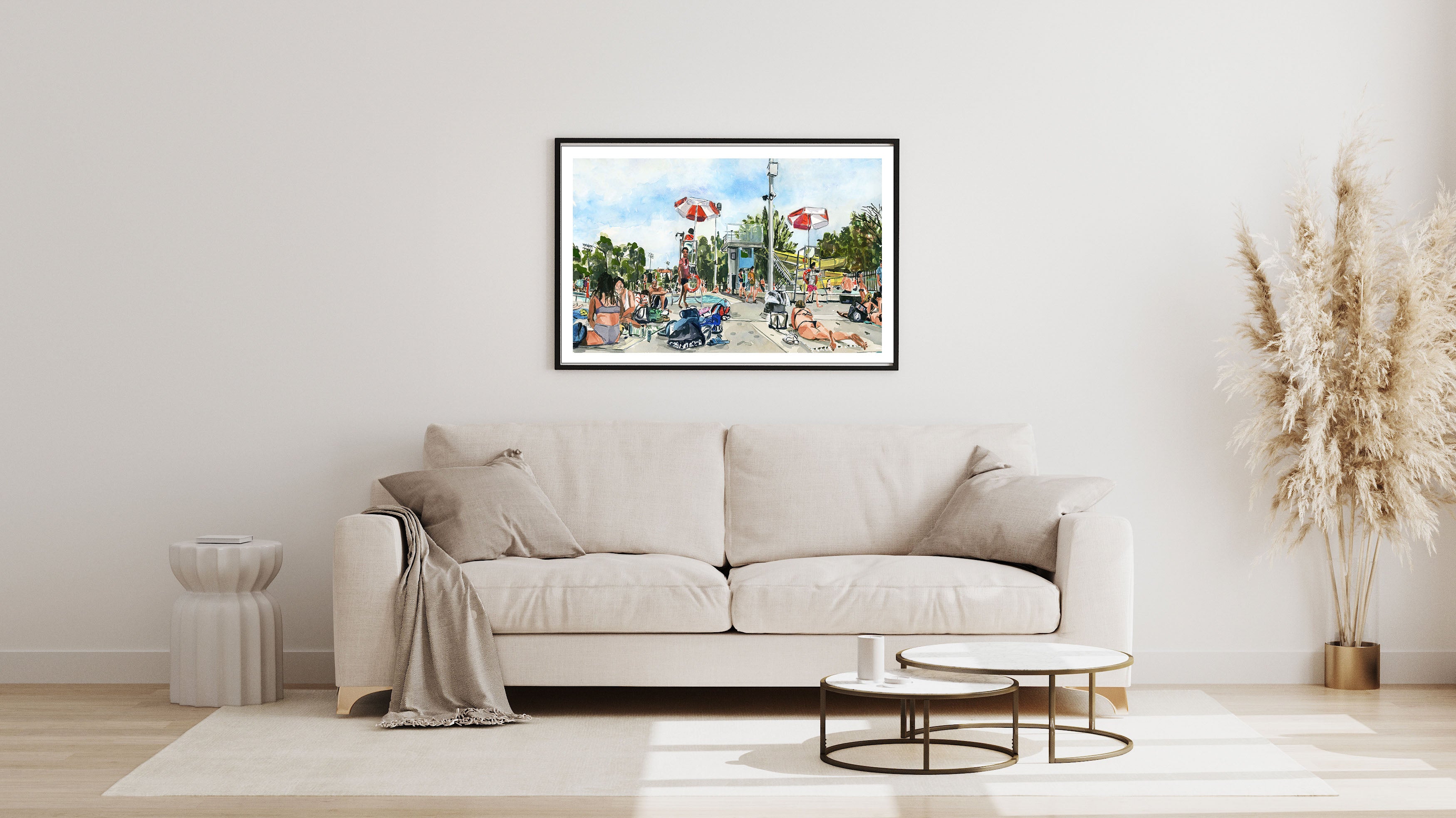Summer pool art print of painting by Medjool Studio. Print of an original gouache painting of a summer pool scene inspired by the artist's daily life. Shows a scene at a neighbourhood pool filled with people enjoying their summer weekend.
