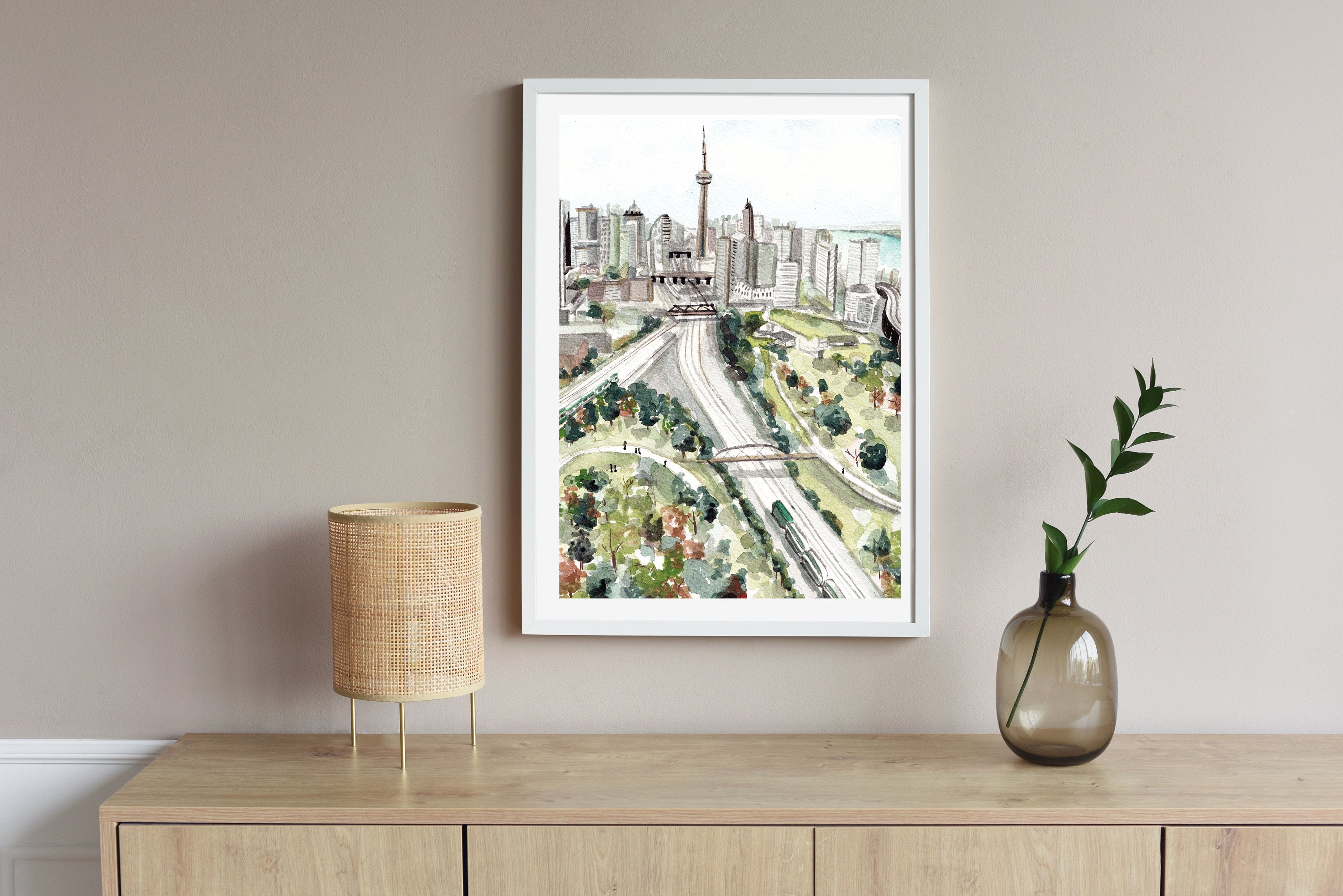 Toronto cityscape print of painting by Medjool Studio. Print of an original gouache painting of the Toronto cityscape. 