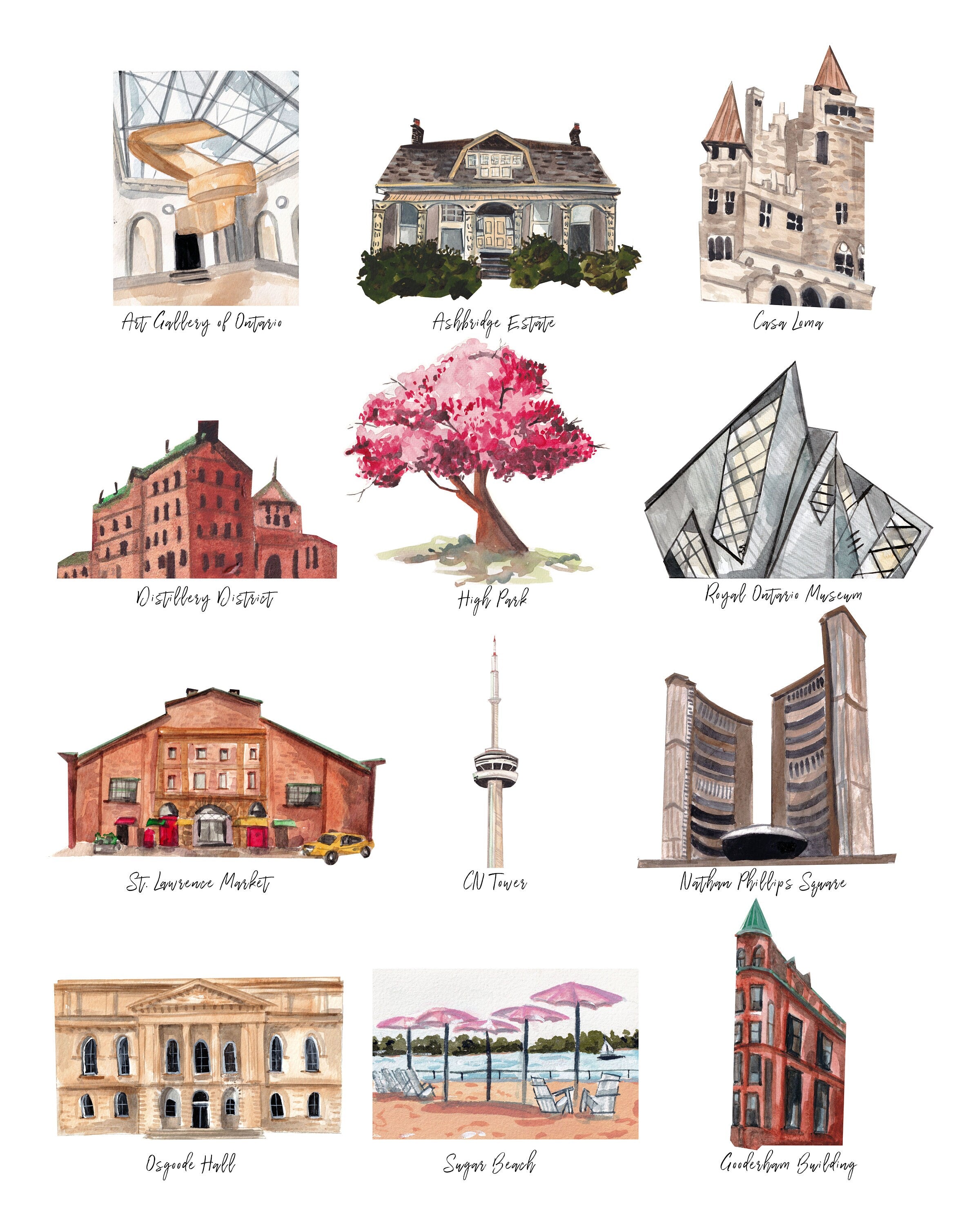 Toronto landmarks print of painting by Medjool Studio. Print of an original gouache painting of 12 notable landmarks in Toronto, Canada, including the Art Gallery of Ontario, High Park, the Distillery District, Casa Loma, the Royal Ontario Museum, St. Lawrence Market, the CN Tower, and more!