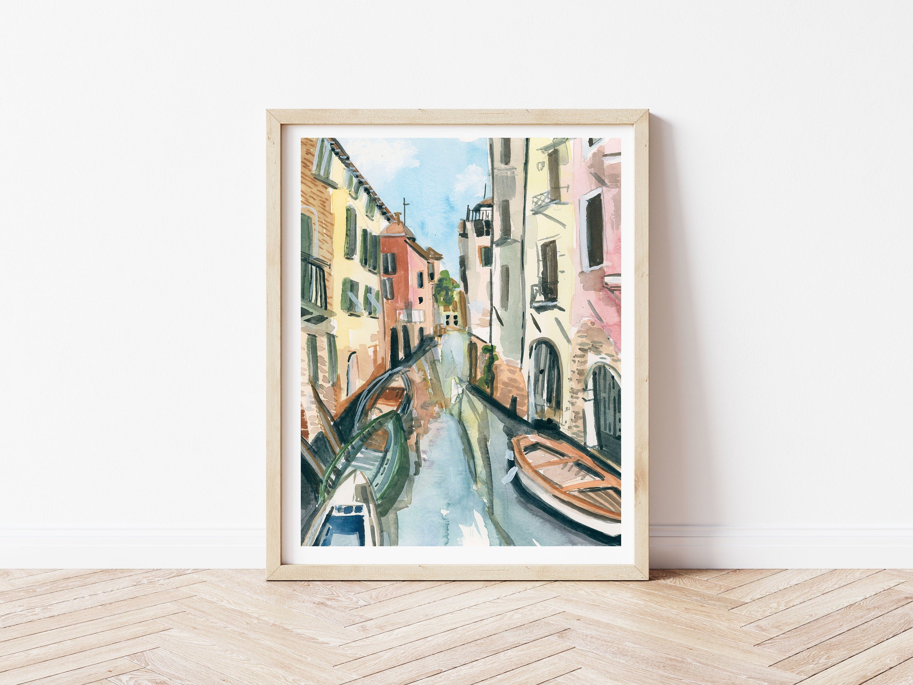 Venice canal print of painting by Medjool Studio. Print of an original gouache painting of the Venice Canal, including iconic buildings, from the perspective of being in a boat.