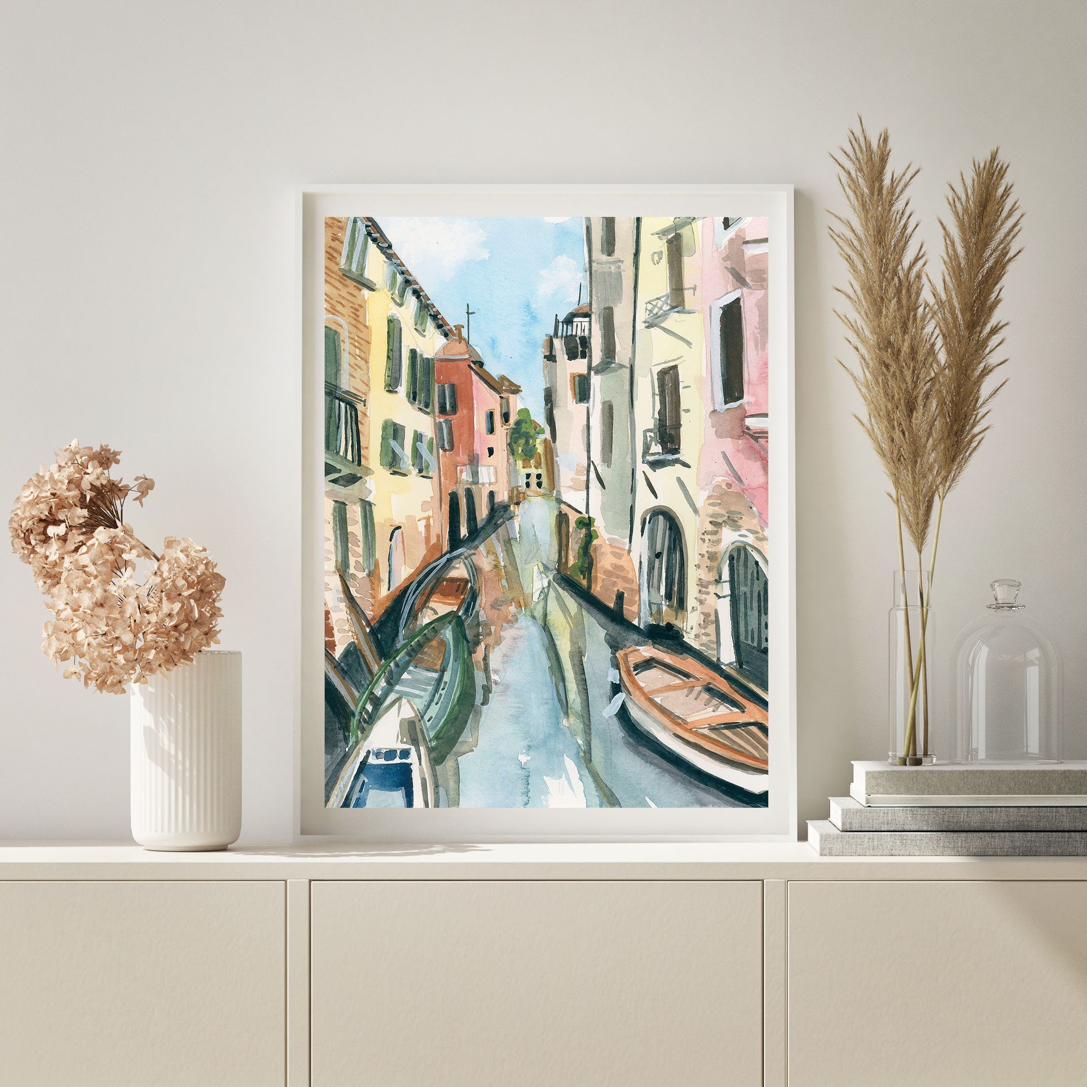 Venice canal print of painting by Medjool Studio. Print of an original gouache painting of the Venice Canal, including iconic buildings, from the perspective of being in a boat.