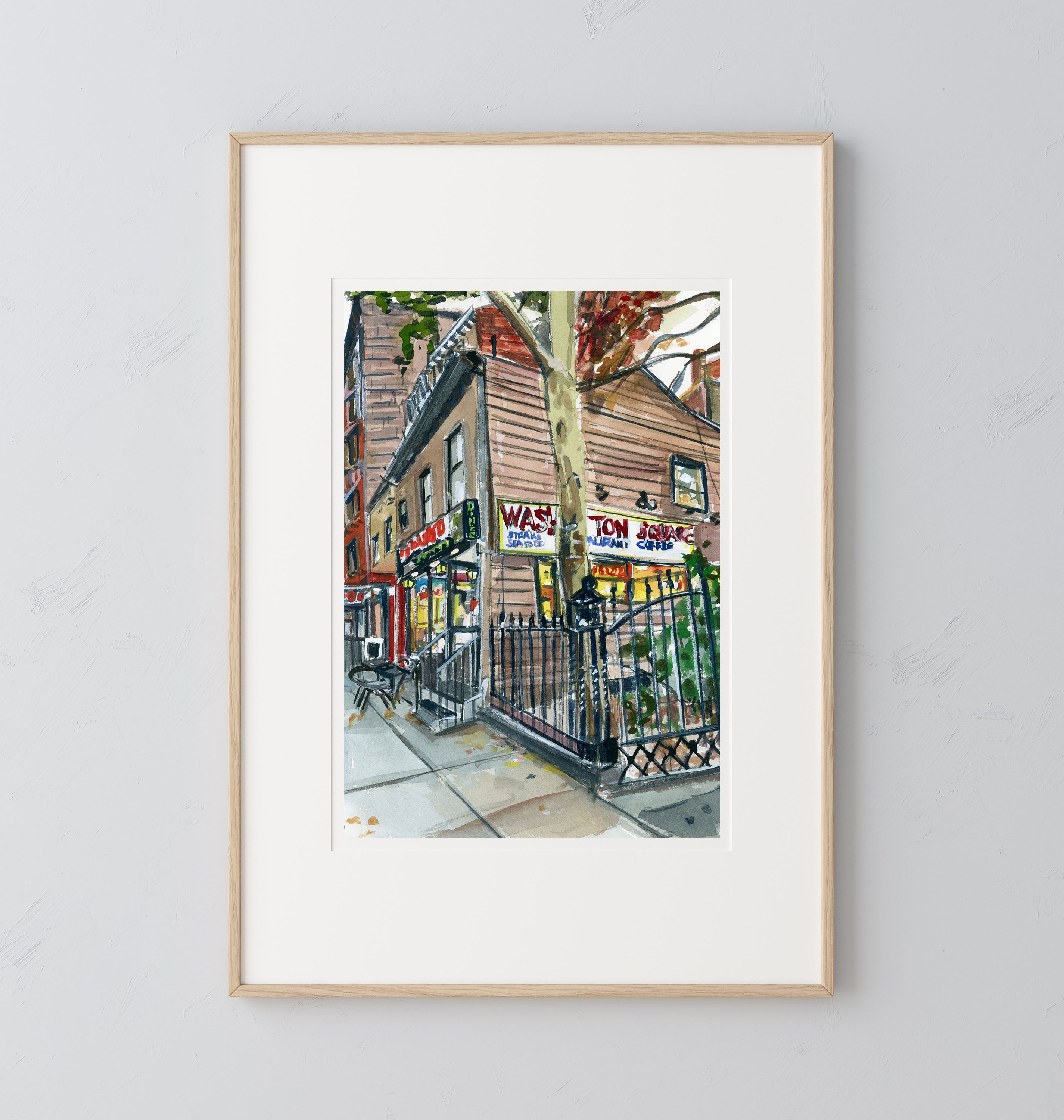 Washington Square print of painting by Medjool Studio. Print of original gouache painting capturing the scene of a corner store using vibrant colors and dynamic composition.