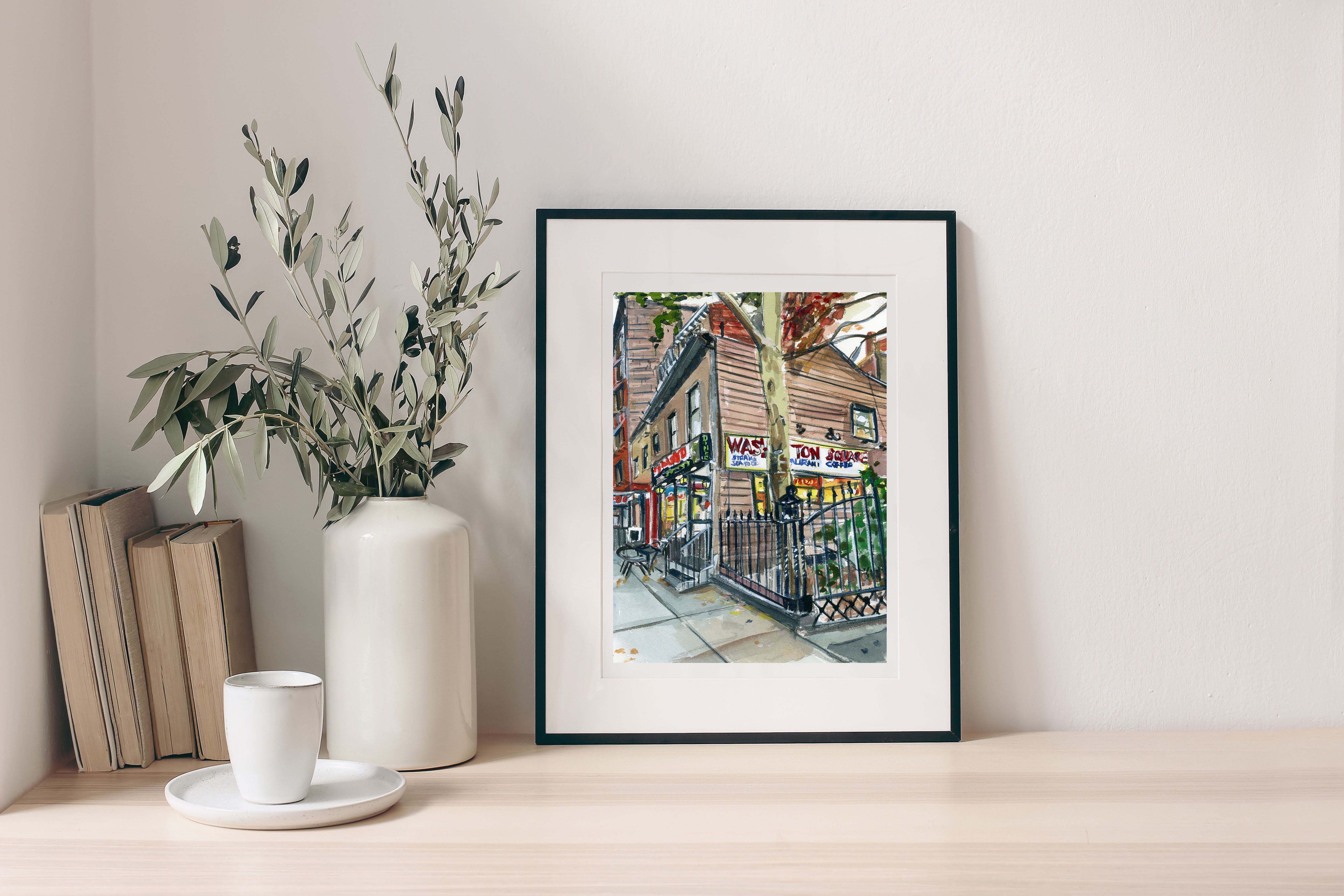 Washington Square print of painting by Medjool Studio. Print of original gouache painting capturing the scene of a corner store using vibrant colors and dynamic composition.