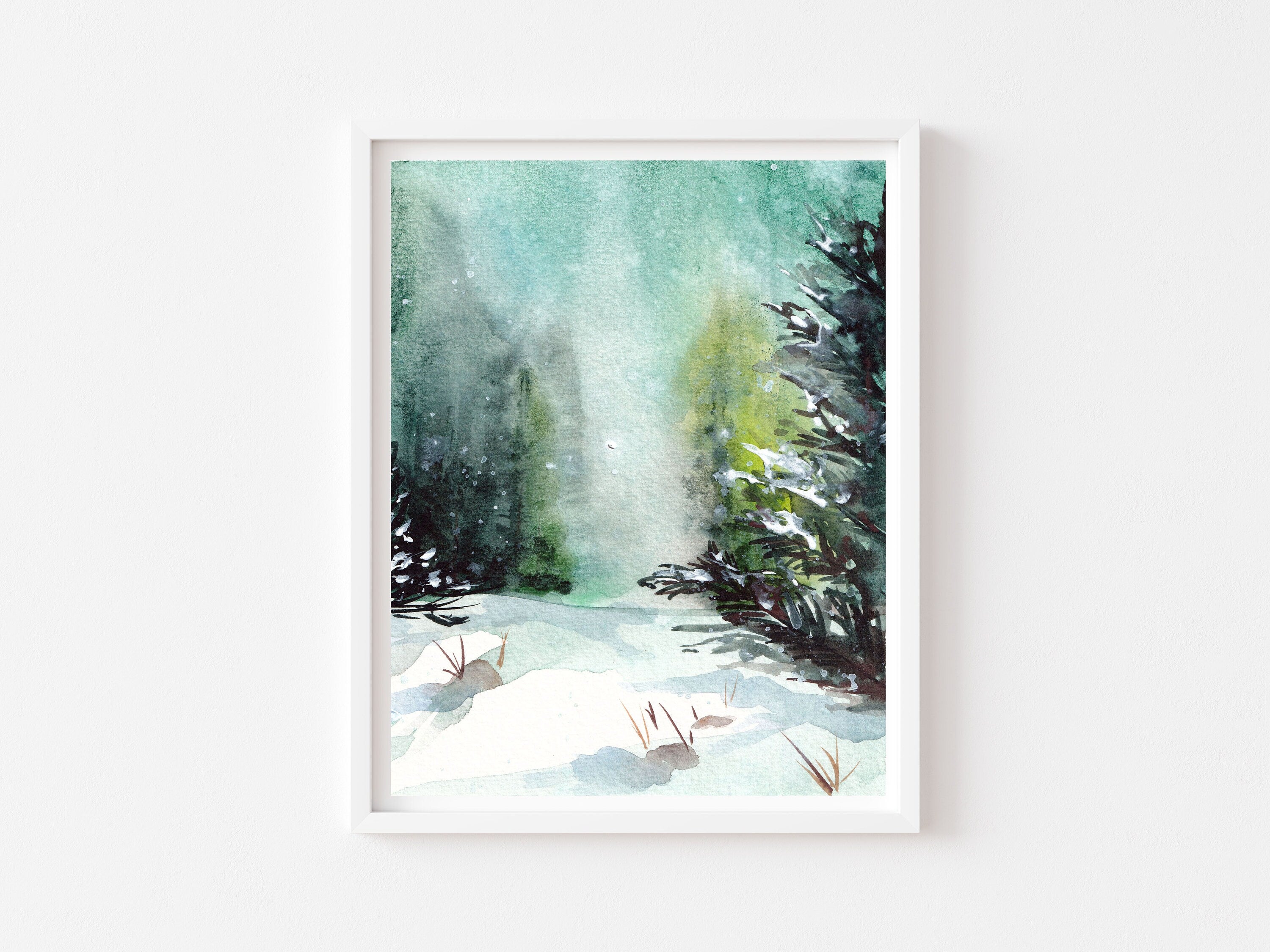 Watercolor landscape forest print of painting by Medjool Studio. Print of an original gouache painting of a winter forest, inspired by the BC Rockies evergreen forests.