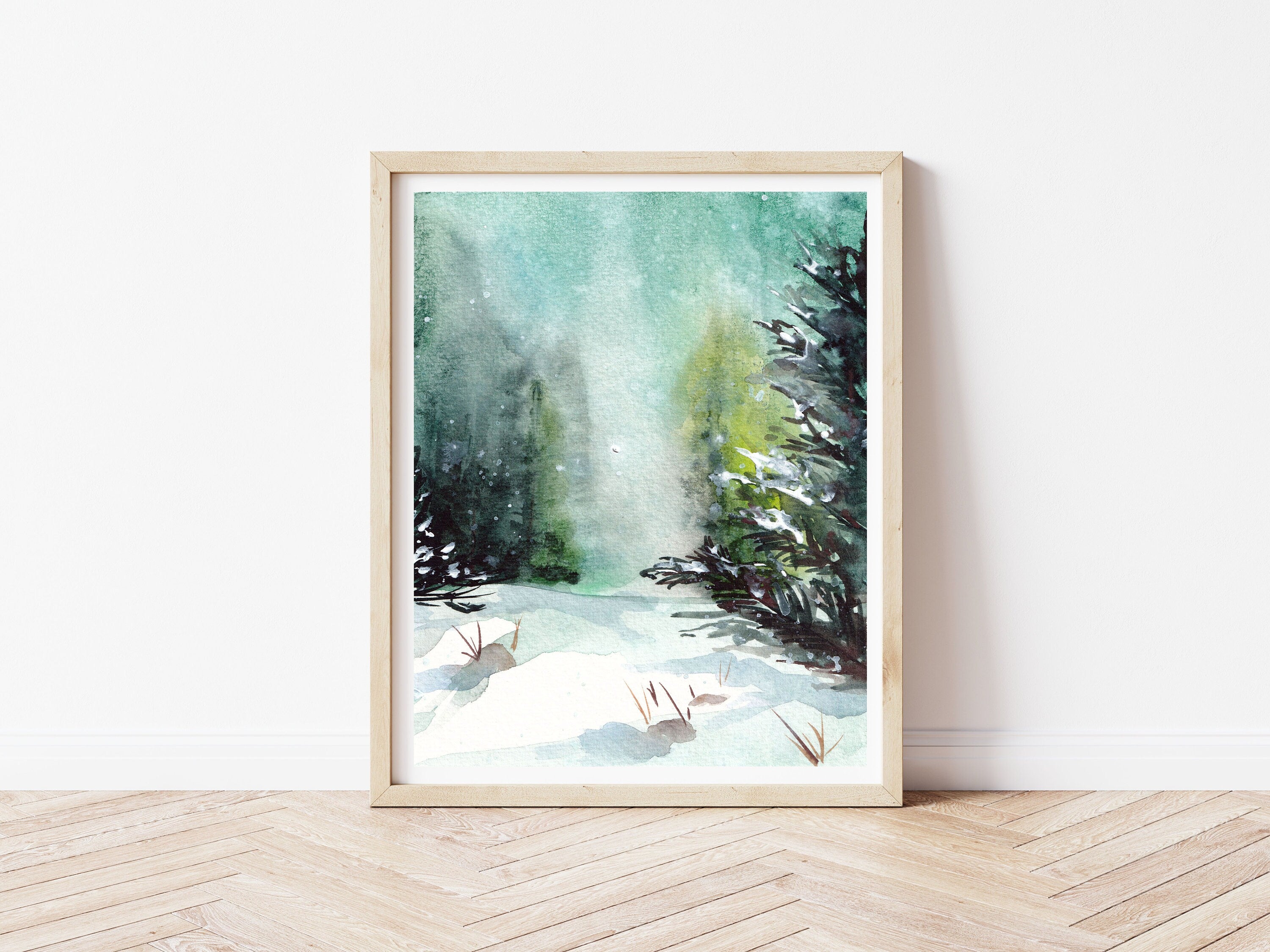 Watercolor landscape forest print of painting by Medjool Studio. Print of an original gouache painting of a winter forest, inspired by the BC Rockies evergreen forests.