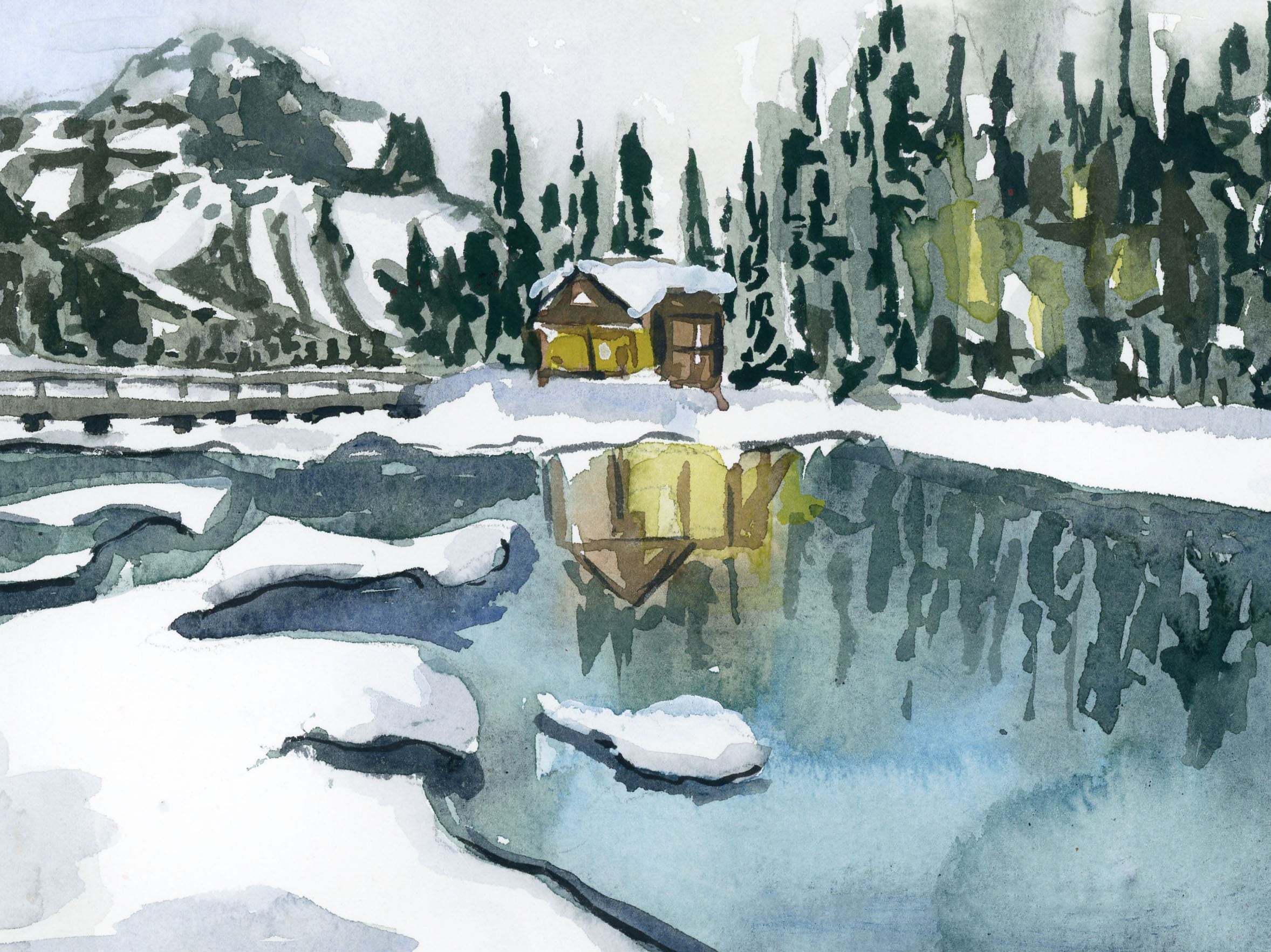 Winter forest and cabin on a lake print of painting by Medjool Studio. Print of an original gouache painting of a cabin lit up an in a winter forest on a lake.