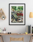 Bike on Amsterdam canal print of painting by Medjool Studio. Print of original gouache painting featuring a close up of a bike on a bridge that has red flowers along the railing looking over the Amsterdam canal.