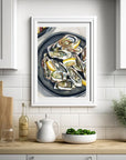 Black oyster watercolor print of painting by Medjool Studio. Print of original gouache painting that captures the delicate intricacies of an oyster shell in a mesmerizing watercolor style.