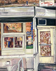 Bode Tailor Shop original painting by Medjool Studio. Original gouache painting captivating the essence of Bode Tailor Shop, nestled within the vibrant streets of SoHo, New York City, using contrasting neutral and vibrant colours.