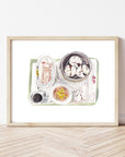 Dim sum print of painting by Medjool Studio. Print of a watercolor painting of a dim sum meal at the Hong Kong International Airport including traditional noodles and dumplings.