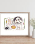 Dim sum print of painting by Medjool Studio. Print of a watercolor painting of a dim sum meal at the Hong Kong International Airport including traditional noodles and dumplings.